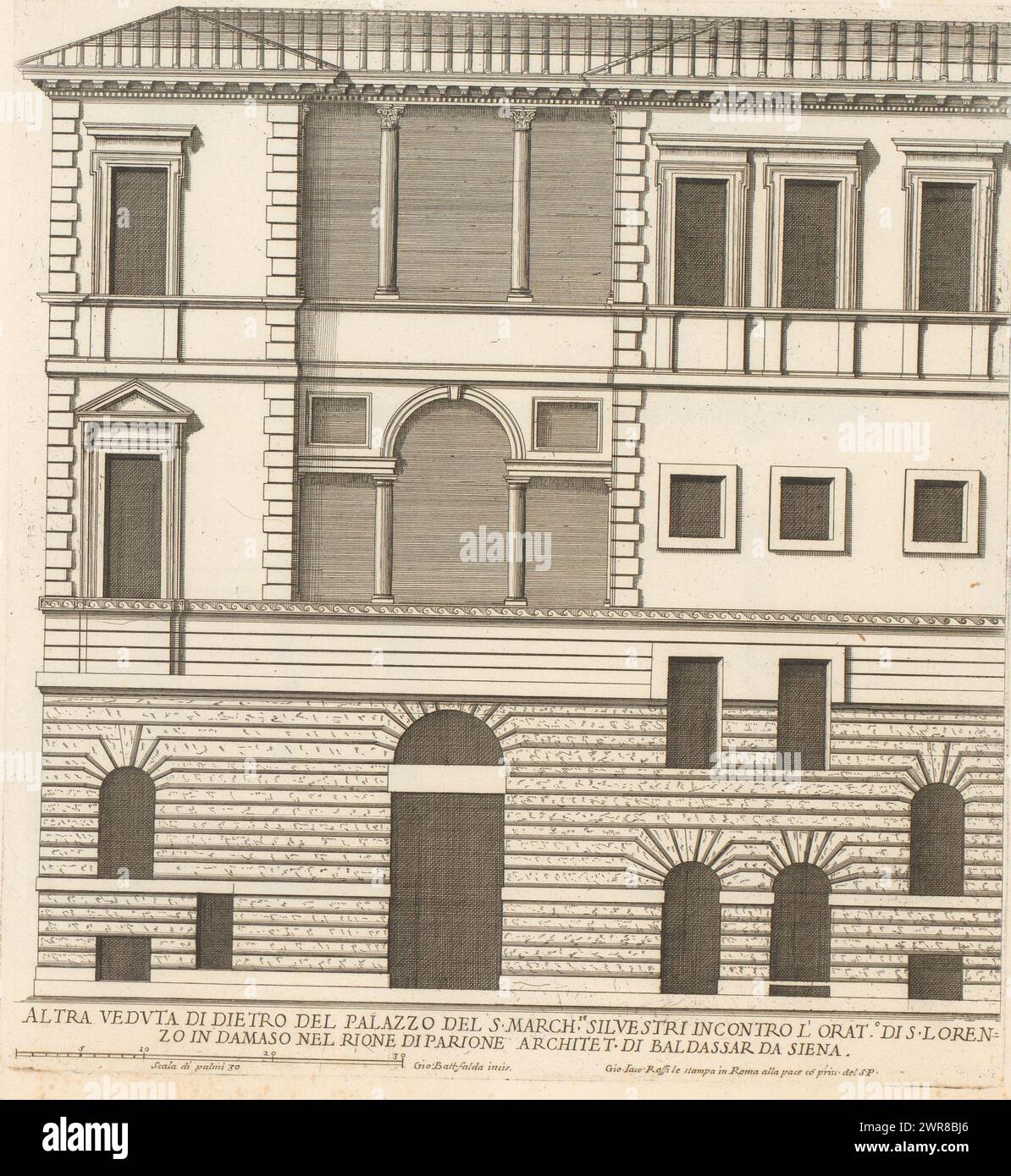 Façade arrière du palais du marquis Silvestri, Altra veduta di dietro del palazzo del S. march.se Silvestr (...) (Titre sur objet), palais romains (titre de la série), Palazzi di Roma (titre de la série), Palazzi di Roma dei più celei architett (...) (Titre de la série), Print fait partie d'un album., imprimeur : Giovanni Battista Falda, après dessin par : Giovanni Battista Falda, après dessin par : Balthasar de Siena, imprimeur : Italie, après dessin par : Italie, après dessin par : Rome, éditeur : Rome, Cité du Vatican, Rome, Italie, en 1655 ou après, papier, gravure, hauteur 310 mm × largeur 288 mm Banque D'Images
