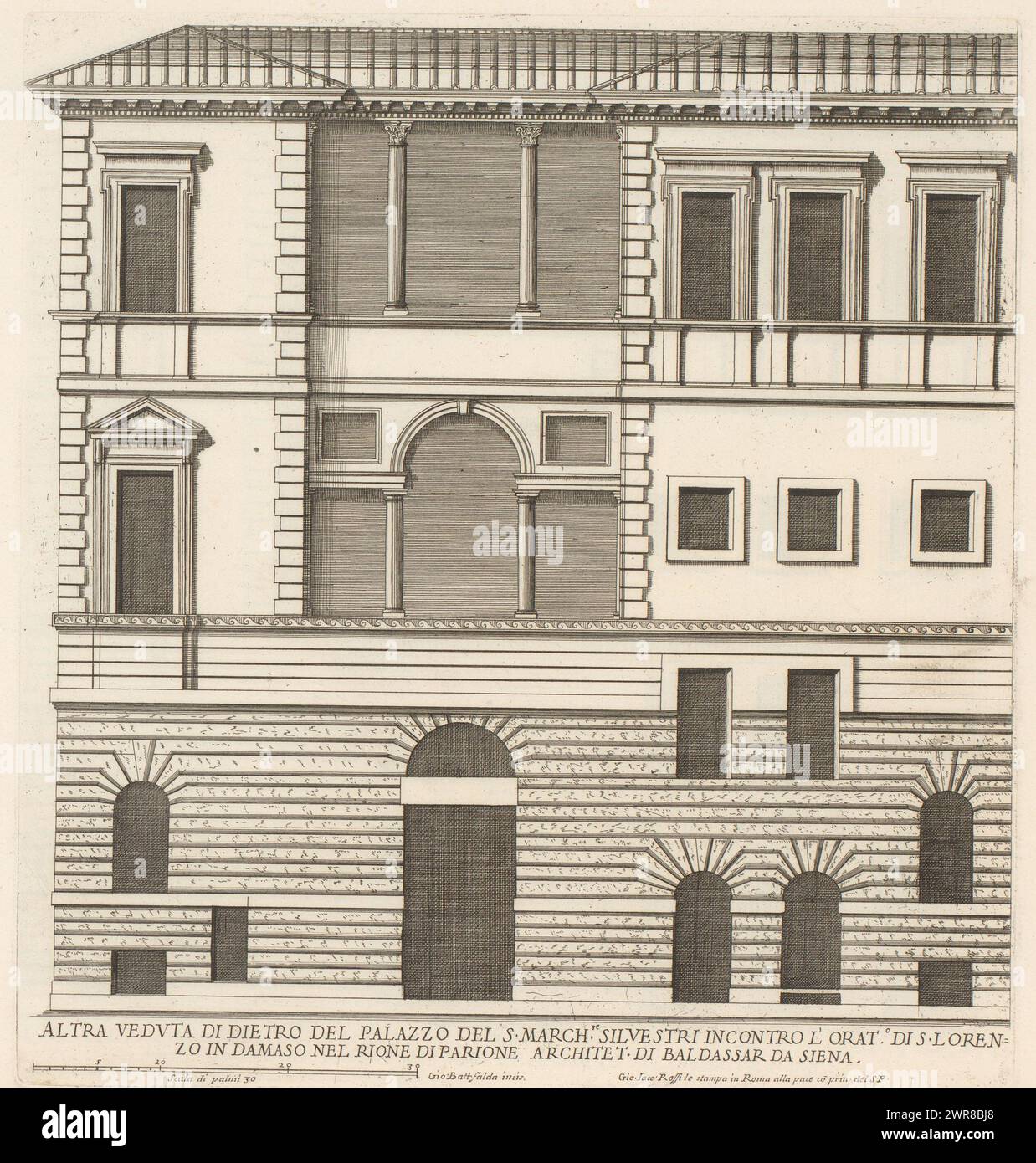 Façade arrière du palais du marquis Silvestri, Altra veduta di dietro del palazzo del S. march.se Silvestr (...) (Titre sur objet), palais romains (titre de la série), Palazzi di Roma (titre de la série), Palazzi di Roma dei più celei architett (...) (Titre de la série), Print fait partie d'un album., imprimeur : Giovanni Battista Falda, après dessin par : Giovanni Battista Falda, après dessin par : Balthasar de Siena, imprimeur : Italie, après dessin par : Italie, après dessin par : Rome, éditeur : Rome, Cité du Vatican, Rome, Italie, en 1655 ou après, papier, gravure, hauteur 310 mm × largeur 288 mm Banque D'Images