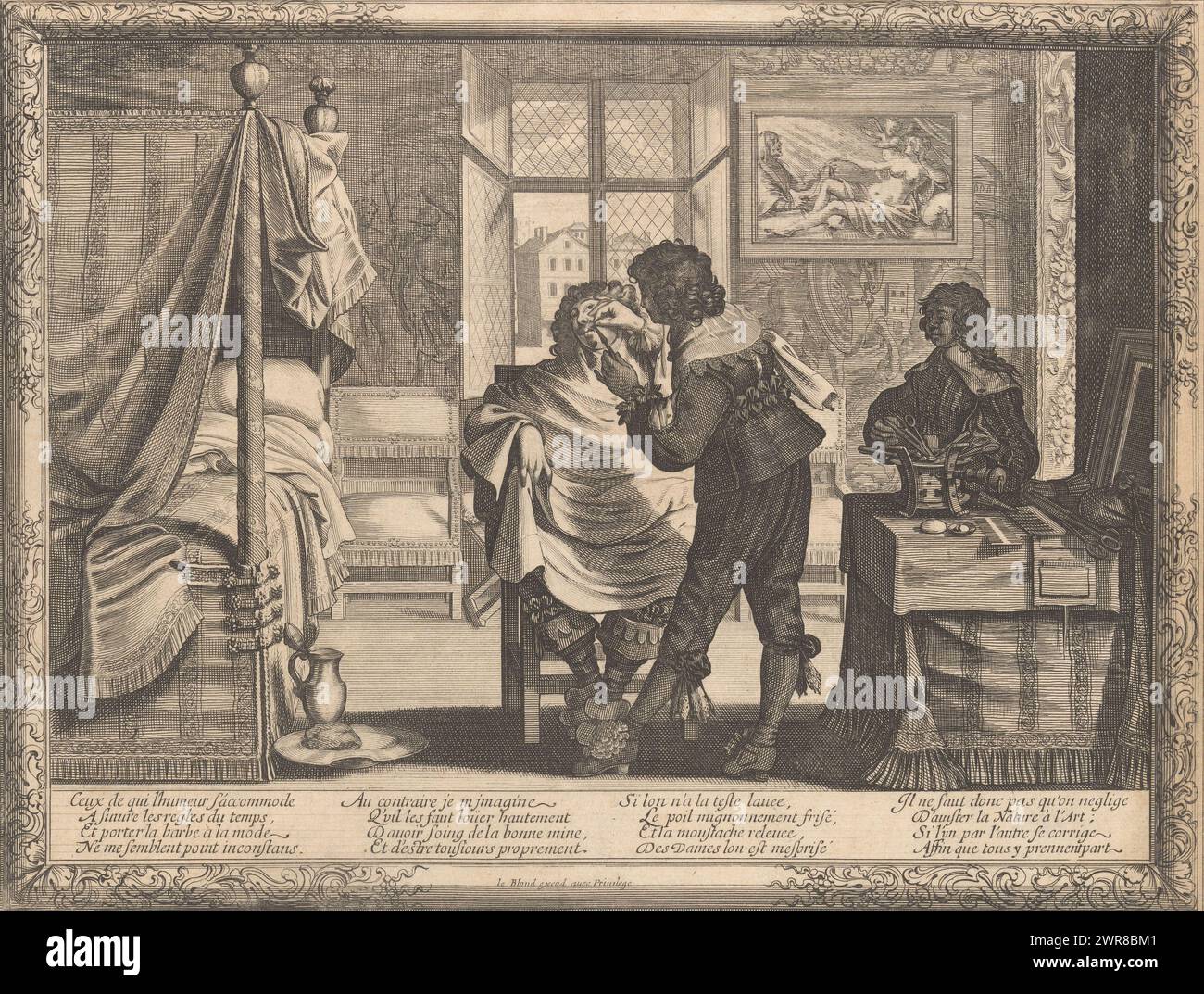 Barbier garnit la moustache d'un homme, les métiers (titre de la série), dans une chambre avec un lit à baldaquin sur la gauche, un barbier garnit la moustache d'un homme à l'aide d'un fer à repasser. L'homme est assis sur une chaise portant un drap. Sur la droite, un valet se tient à une table avec des ciseaux, des peignes et d'autres équipements de coiffure. Gobelins et une peinture de Zeus et Danae sur les murs., imprimeur : Abraham bosse, éditeur : Jean Leblond (I), inconnu, 1632, papier, gravure, gravure, hauteur 257 mm × largeur 336 mm, impression Banque D'Images