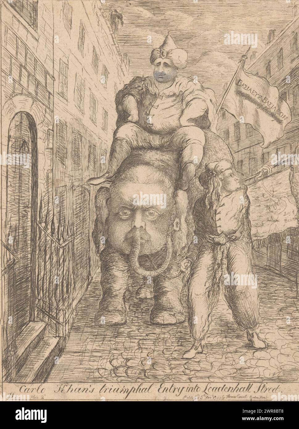 Caricature de Charles Fox, Carlo Khan's Triomphal Entry into Leadenhall Street (titre sur l'objet), caricature de Charles Fox, Carlo Khan, chevauchant un éléphant dans Leadenhall Street accompagné d'un homme (Edmund Burke) soufflant une trompette avec une carte des pendaisons du Bengale. L'éléphant a le visage de Frederick North. En bas à gauche : planche 2., imprimeur : James Sayers, éditeur : Thomas Cornell, imprimeur : Angleterre, éditeur : Londres, 5-Dec-1783, papier, gravure, hauteur 336 mm × largeur 258 mm, impression Banque D'Images