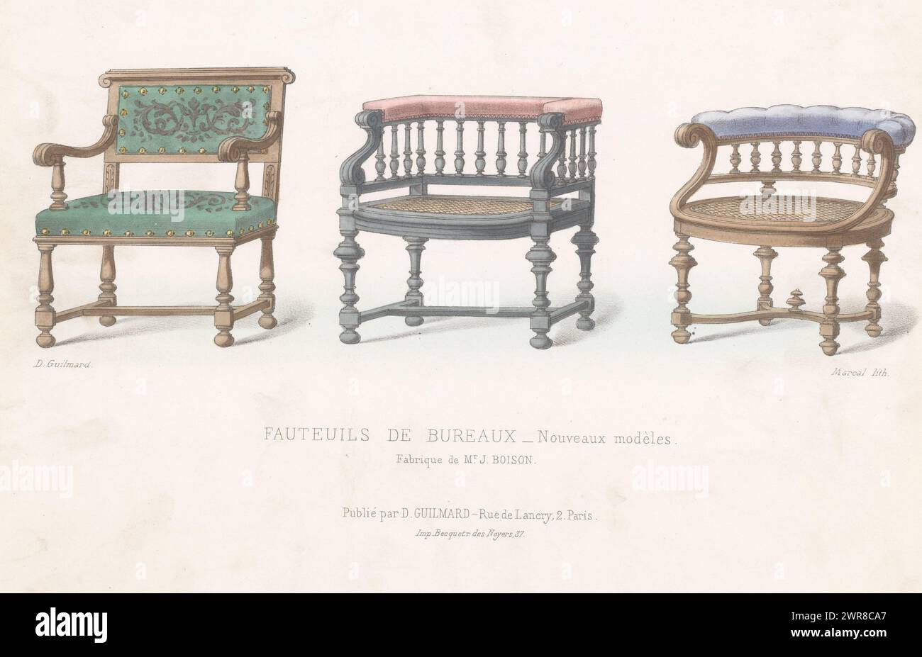 Trois chaises de bureau, faueuils de bureaux nouveaux modèles (titre sur objet), le garde-meuble / Collection de sièges (titre de série sur objet), trois chaises de bureau. Tirage du 258e livre., imprimeur : Marcal, imprimeur : Becquet, éditeur : désiré Guilmard, Paris, 1839 - 1885, papier, hauteur 274 mm × largeur 355 mm, impression Banque D'Images