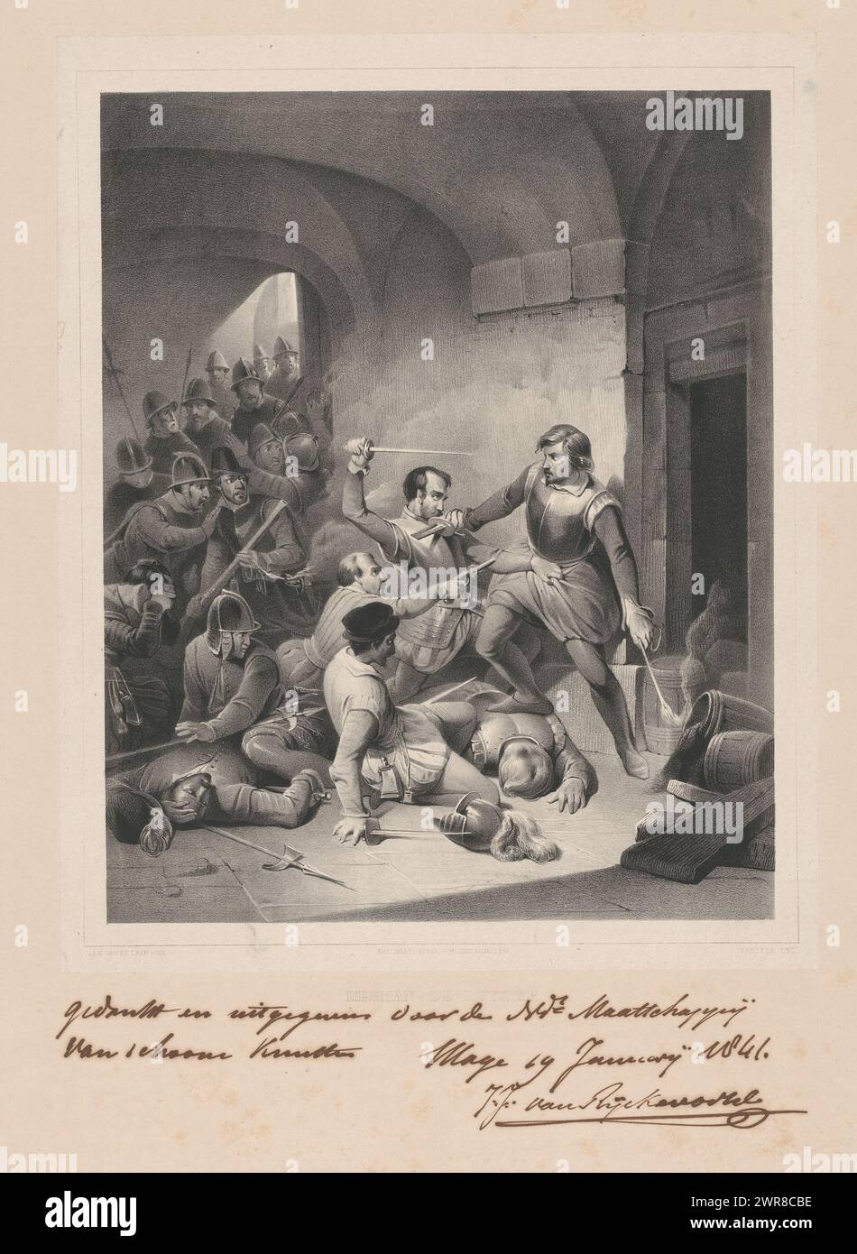 Herman de Ruiter sur le point de mettre un fusible en feu dans le fût de poudre, 1570, Herman de Ruyter (titre sur l'objet), Herman de Ruiter combat avec des soldats espagnols et met le fusible en feu dans le fût de poudre, 19 décembre 1570., imprimeur : Gijsbertus Arnoldus Gretser, (peut-être), après avoir peint par: Jan Hendrik van de Laar, imprimeur : Nederlandsche Maatschappij van Schoone Kunsten, imprimeur : pays-Bas, après peinture par : pays-Bas, imprimeur : la Haye, éditeur : la Haye, 1841, hauteur 510 mm × largeur 445 mm, impression Banque D'Images