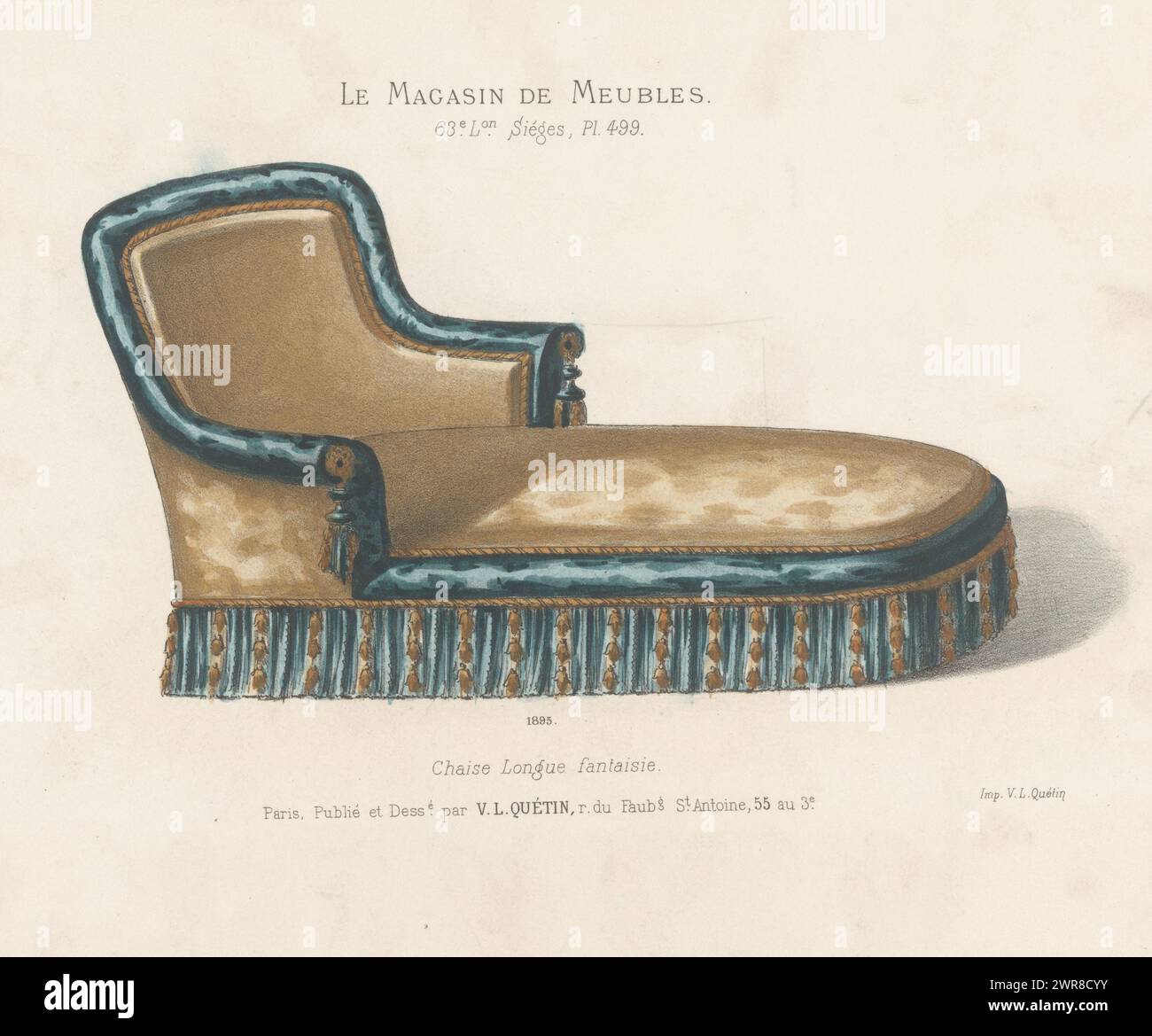 Chaise longue, chaise longue fantaisie (titre sur objet), le magasin de meubles / sièges (titre de la série sur objet), Une chaise longue. Tirage de 63e livraison., imprimeur : anonyme, après conception par : Victor Léon Michel Quétin, imprimeur : Victor Léon Michel Quétin, Paris, 1878 - en ou après 1904, papier, hauteur 271 mm × largeur 361 mm, tirage Banque D'Images