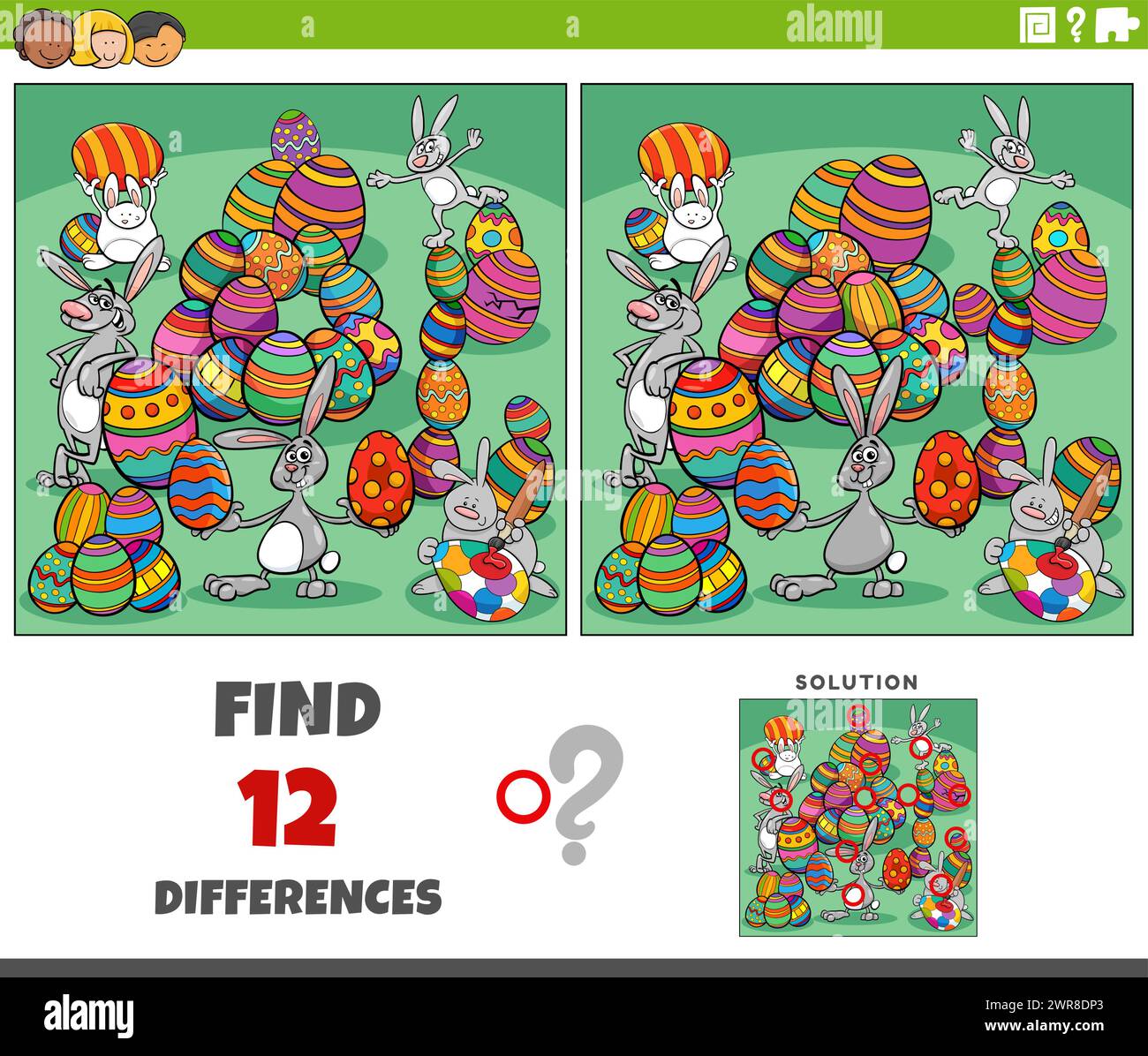 Illustration de dessin animé de trouver les différences entre les images jeu éducatif avec des lapins de Pâques groupe de personnages avec des oeufs colorés Illustration de Vecteur