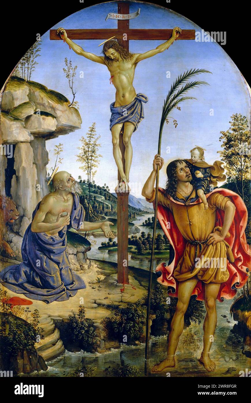 Pinturicchio – Christ crucifié entre les saints Jérôme et Christophe dans un paysage 1471-73. 59x40 Galerie Borghese, Rome (Galleria Borghese). Banque D'Images