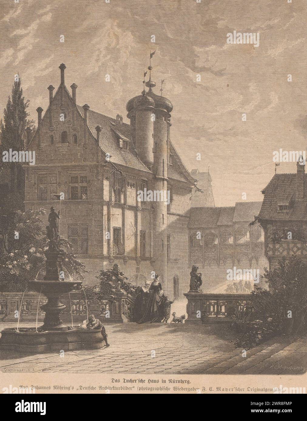 Vue du Tucherschloss, à Nuremberg, Das Tuchersche Haus à Nürnberg (titre sur objet), avec texte allemand au verso., imprimeur : Trambauer, imprimeur : Carl Mayer, Neurenberg, 1879, papier, gravure sur bois, typographie, hauteur 257 mm × largeur 214 mm, impression Banque D'Images