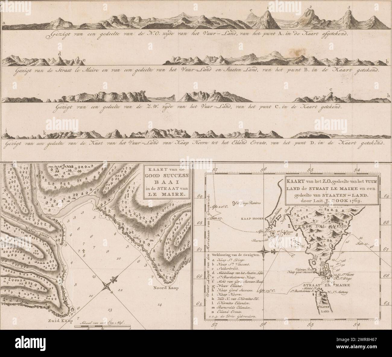 Cartes de la Terre de feu, du Maire et de la Terre de Staaten, carte de la Baie du bon succès dans le détroit du Maire / carte du se. Une partie de la Terre de feu, le détroit du Maire et une partie de la Terre de Staaten. Par Luit. J. Cook 1769 (titre sur l'objet), au-dessus des vues côtières de la région près de la Terre de feu. En bas à gauche une carte de la baie de Good Success et en bas à droite une carte de la Terre de feu, du détroit du Maire et d'une partie de la Terre de Staaten réalisée par James Cook en 1769., imprimeur : Joseph Sebastian Klauber, 1794, papier, gravure, hauteur 320 mm × largeur 372 mm Banque D'Images