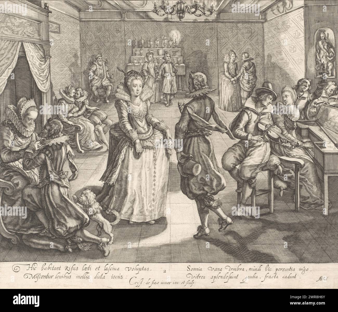 La fête dans la maison de l'homme riche, parabole de l'homme riche et pauvre Lazare (titre de la série), la fête dans la maison de l'homme riche, avec la danse, l'amour et la musique de jeunes hommes et femmes dans un intérieur riche. A droite, une femme jouant du clavecin et un homme avec un violon. Tirage d'une série de quatre avec la parabole du riche et du pauvre Lazare., imprimeur : Crispijn van de passe (II), d'après son propre design par: Crispijn van de passe (II), (mentionné sur l'objet), pays-Bas du Nord, c. 1630 - c. 1640, papier, gravure, hauteur 278 mm × largeur 337 mm Banque D'Images