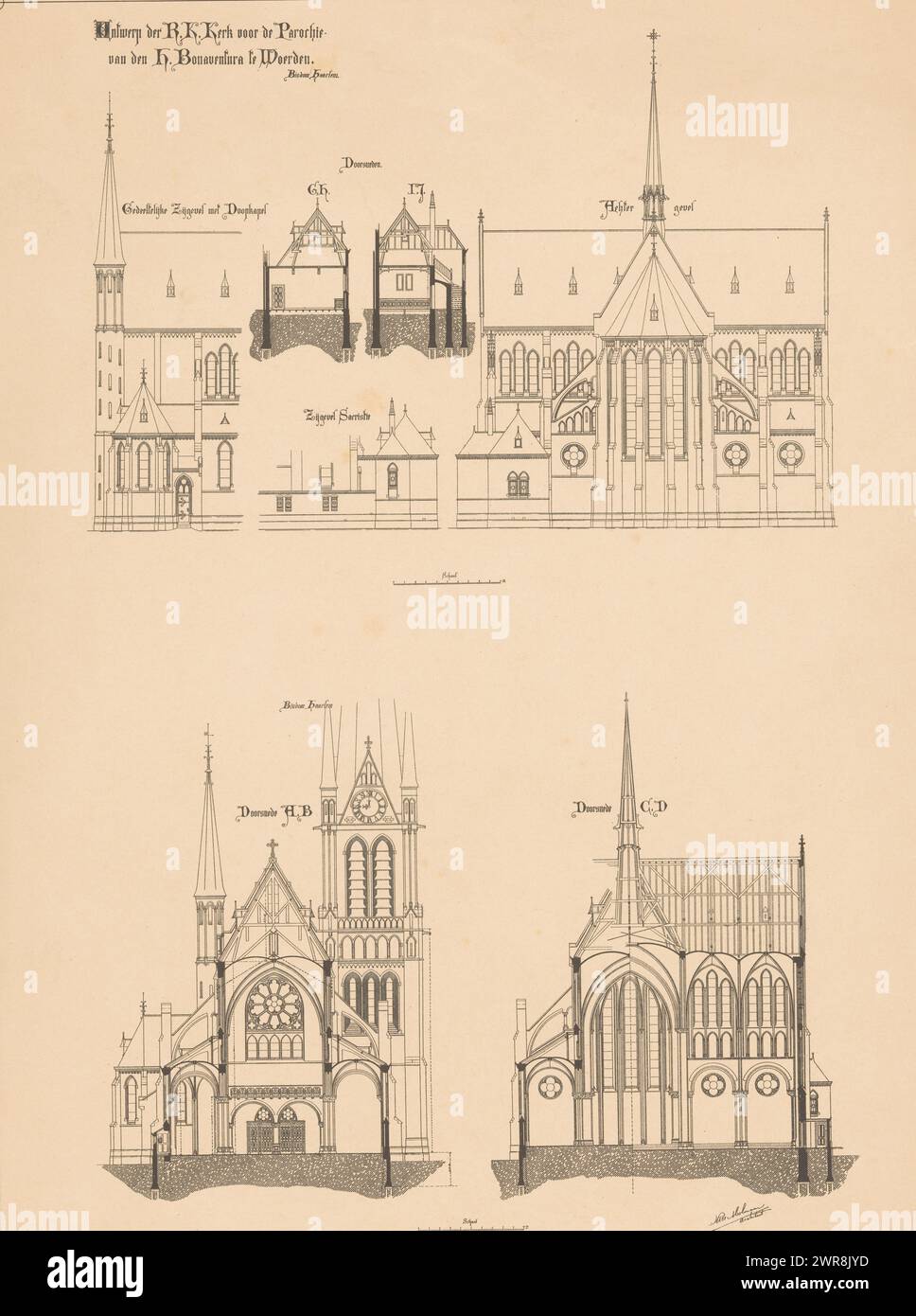 Design pour le Église Bonaventura à Woerden, projet de l'église catholique romaine pour la paroisse de H. Bonaventura à Woerden (titre sur l'objet), fabricant : Roeloffzen & Hübner, Amsterdam, 1885 - 1898, papier, photolithographie, hauteur 424 mm × largeur 304 mm, impression photomécanique Banque D'Images