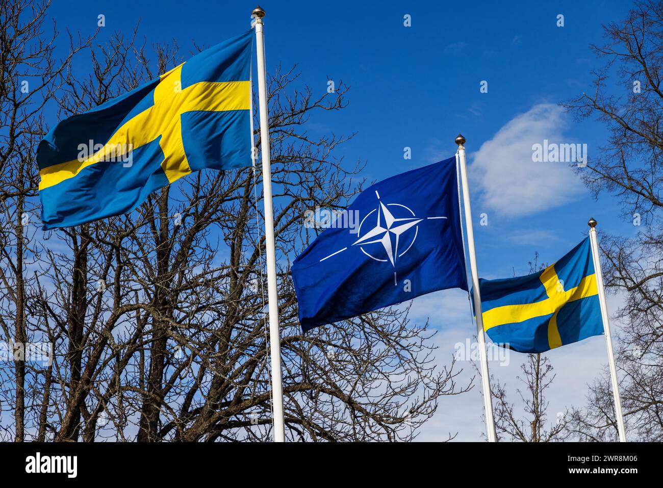 Malmslätt, Suède. 11 mars 2024. Après ratification par les parlements de tous les pays membres, la Suède est aujourd'hui l'un des 32 membres de l'alliance militaire de l'OTAN. Lundi, une cérémonie a eu lieu à la base aérienne de Malmen, 'Linköpings garnison', pour marquer l'entrée de la Suède dans l'OTAN. Pour la première fois depuis 1814, la Suède fait partie d'une alliance militaire. Crédit : Jeppe Gustafsson/Alamy Live News Banque D'Images