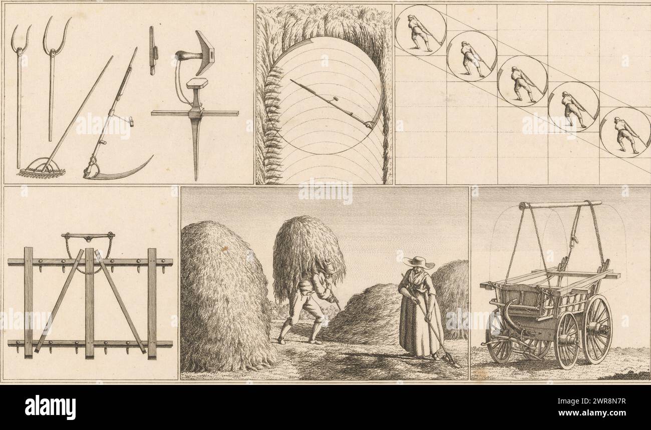 Six scènes liées à la récolte, imprimeur : anonyme, pays-Bas, (éventuellement), 1700 - 1799, papier, gravure, hauteur 220 mm × largeur 345 mm, impression Banque D'Images