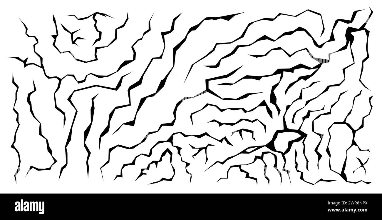 texture fissurée vectorielle du mur ou de la terre, illustration de fond noir et blanc avec motif de fissures abstrait Illustration de Vecteur