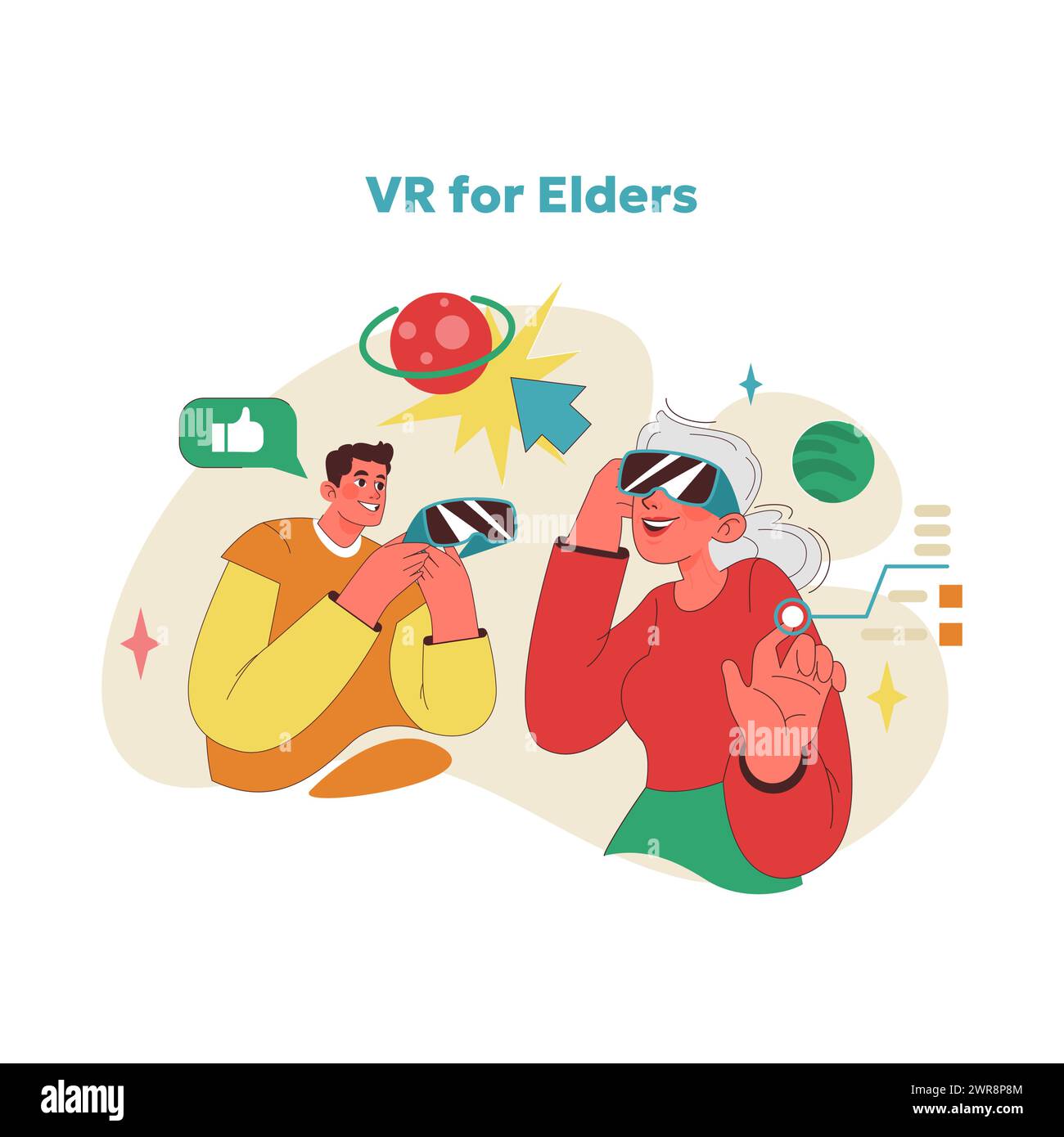 Concept d'exploration de réalité virtuelle. Femme âgée expérimentant la VR avec les conseils d'un petit-fils adulte. Technologie interactive élargissant les horizons pour les aînés. Les technologies dans le monde moderne. Illustration vectorielle Illustration de Vecteur