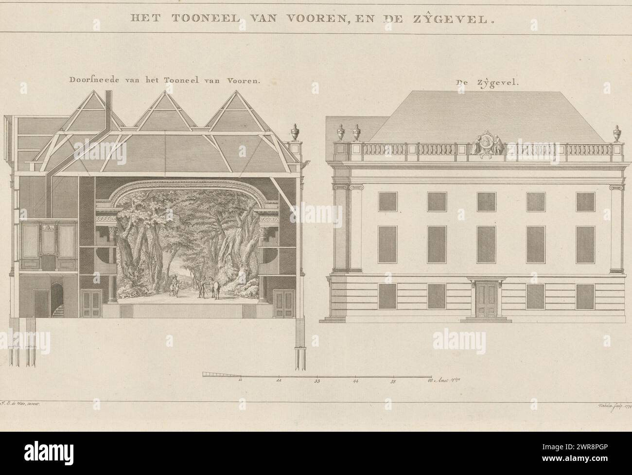 Façade latérale et la scène du Théâtre d'Amsterdam, Het Tooneel van vooren, et la façade latérale (titre sur objet), images du Théâtre d'Amsterdam (titre de la série), imprimeur : Reinier Vinkeles (I), imprimeur : Harmanus Vinkeles, d'après conception par : Jacob Eduard de Witte, Amsterdam, 1774, papier, gravure, hauteur 335 mm × largeur 514 mm, impression Banque D'Images