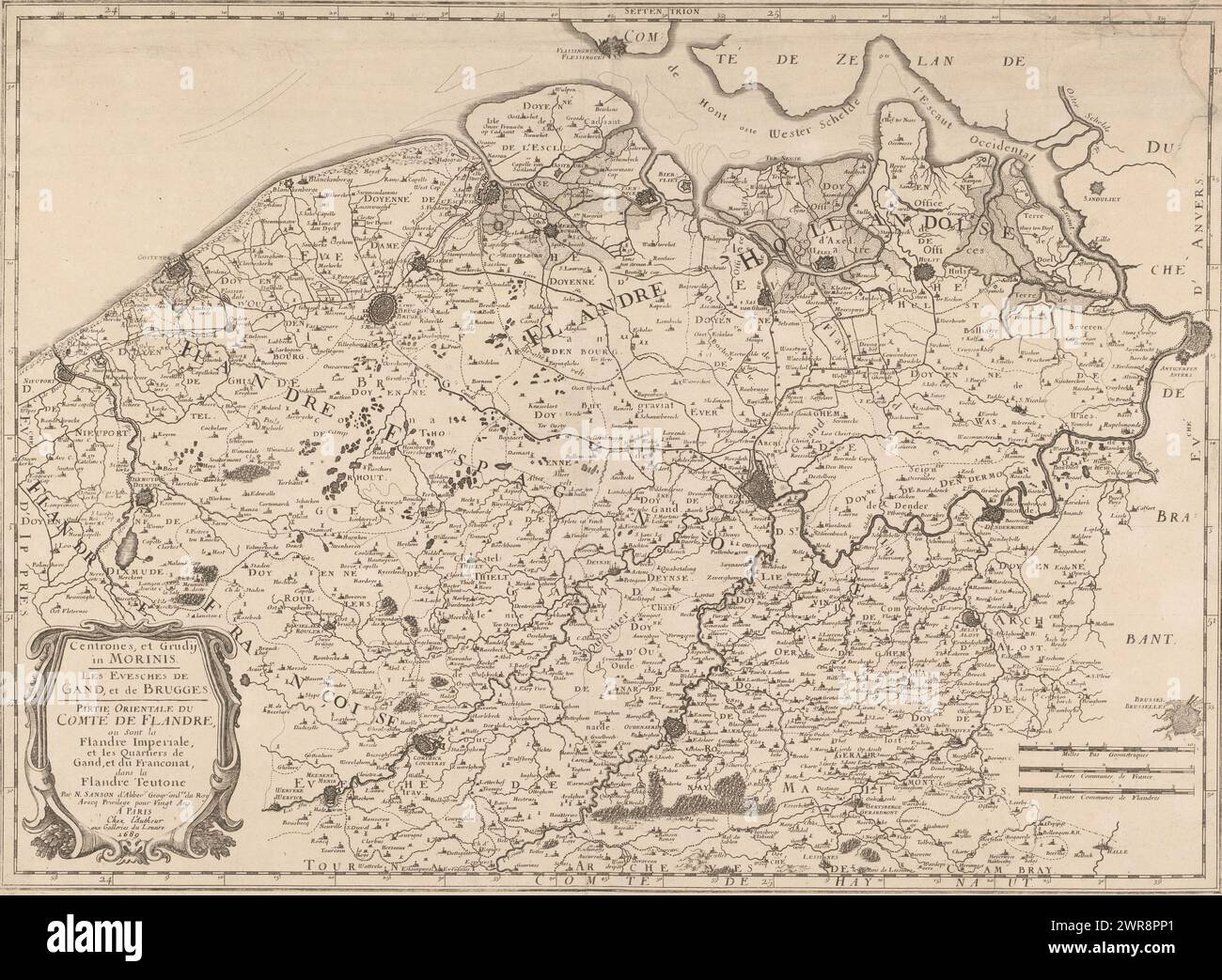 Carte du comté de Flandre, Centrone s, et grudij à Morinis. Les evesches de Gand, et de Bruges (...) (Titre sur l'objet), carte du comté de Flandre. En bas à gauche du cartouche de titre. Trois graduations en bas à droite. La carte a une distribution de degrés le long des bords., imprimeur : anonyme, Nicolas Sanson (I), éditeur : Pierre Moullart-Sanson, (possiblement), Paris, 1689, papier, gravure, hauteur 399 mm × largeur 540 mm, impression Banque D'Images