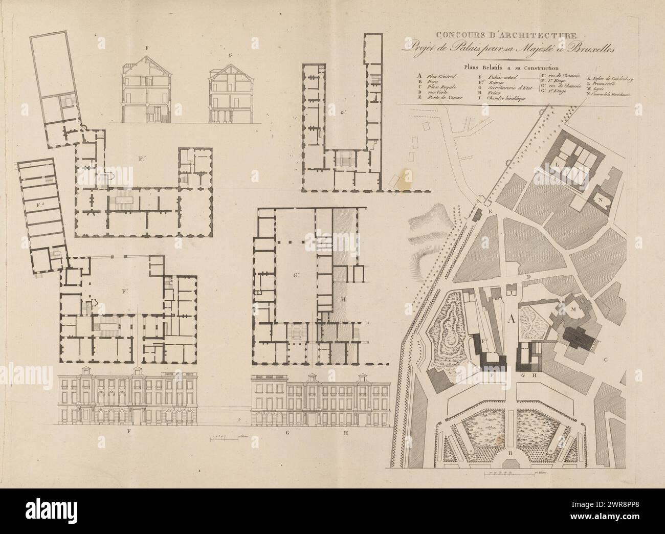 Design du Palais Royal à Bruxelles, concours d'architecture, projet de Palais pour sa Majesté à Bruxelles (titre sur objet), Design du Palais Royal à Bruxelles avec plans d'étage, dessins de façades, sections et aménagement de jardins. Programme collé à gauche., imprimeur : anonyme, 1775 - 1825, papier, gravure, hauteur 330 mm × largeur 438 mm, impression Banque D'Images