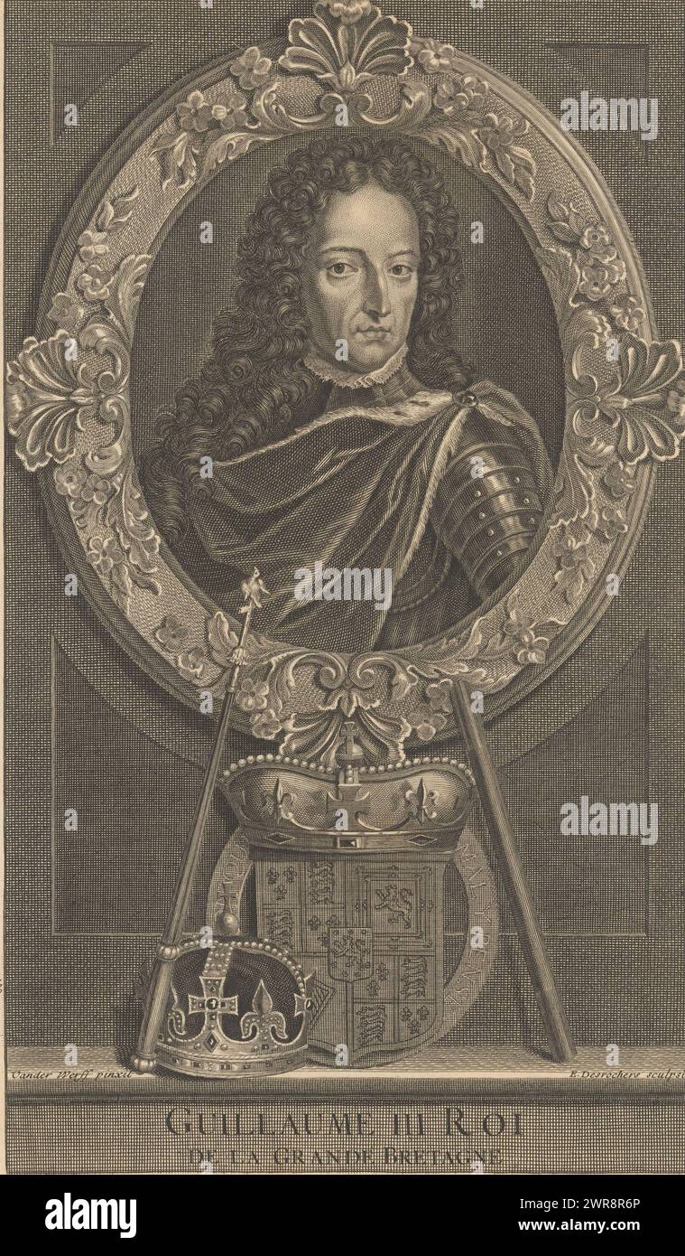Portrait de Guillaume III, Prince d'Orange, Portrait de Guillaume III dans un ovale ornementé. Au milieu en dessous de ses armoiries avec une couronne, décorée de la jarretière et de la devise de l'ordre de la jarretière. Il y a un certain nombre d'objets allégoriques qui l'entourent. Sur un piédestal le nom et le titre sont en français., imprimeur : Etienne Desrochers, d'après la peinture de : Adriaen van der Werff, Paris, 1688 - 1741, papier, gravure, gravure, hauteur 309 mm × largeur 182 mm, impression Banque D'Images
