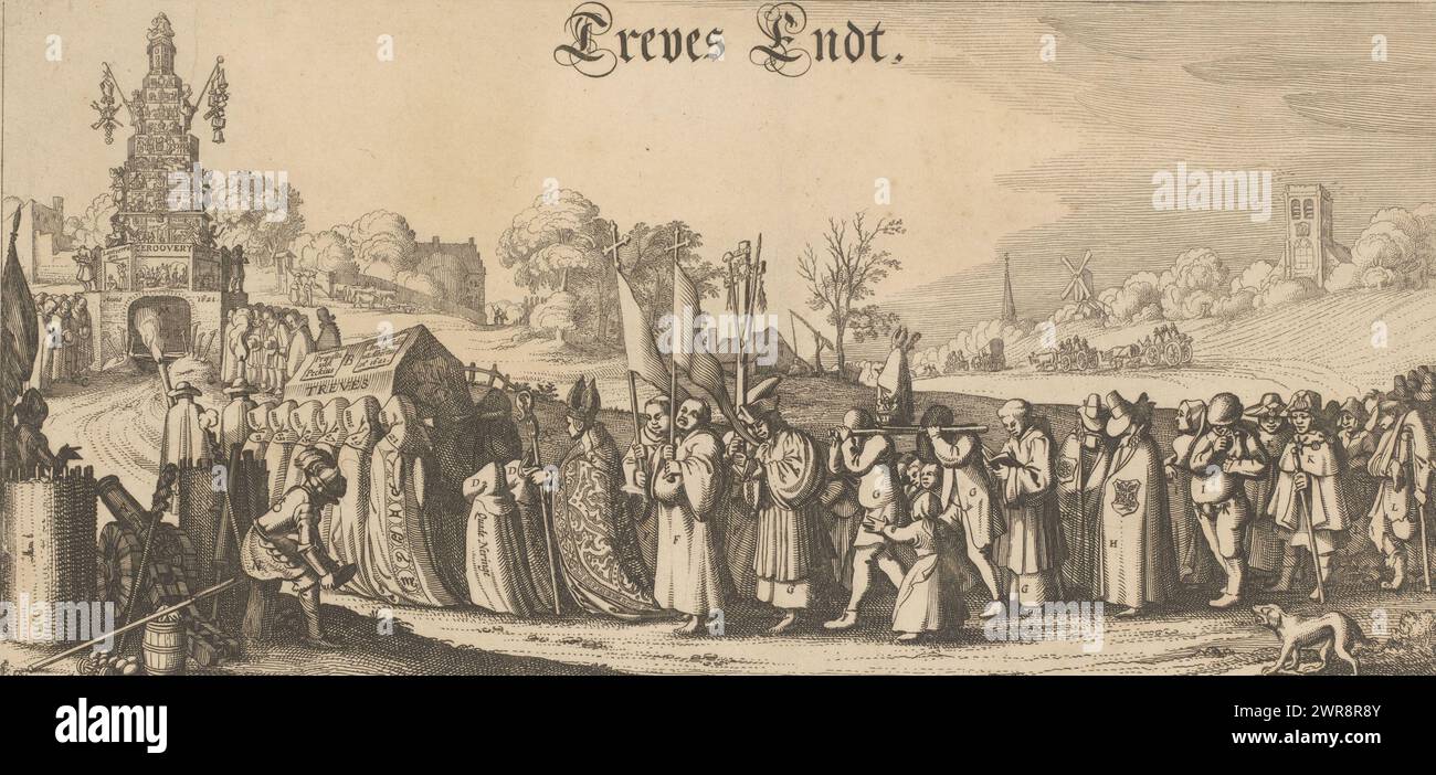 Treves est porté à la tombe, 1621, Treves Endt (titre sur objet), Treves est porté à la tombe, 1621. Allégorie de la fin de la Trêve des douze ans. Un cercueil marqué Treves et proposition de Peckius est porté dans un cortège funèbre par des moines. Dans la procession, qui prend la forme d'une procession romaine, un évêque, des pèlerins, des mendiants, etc marchent et une statue de Saint Nicolas est portée. La procession marche vers le monument du Testament arminien, au loin sur la droite les funérailles arminiennes, le départ des prédicateurs remontrants exilés Banque D'Images