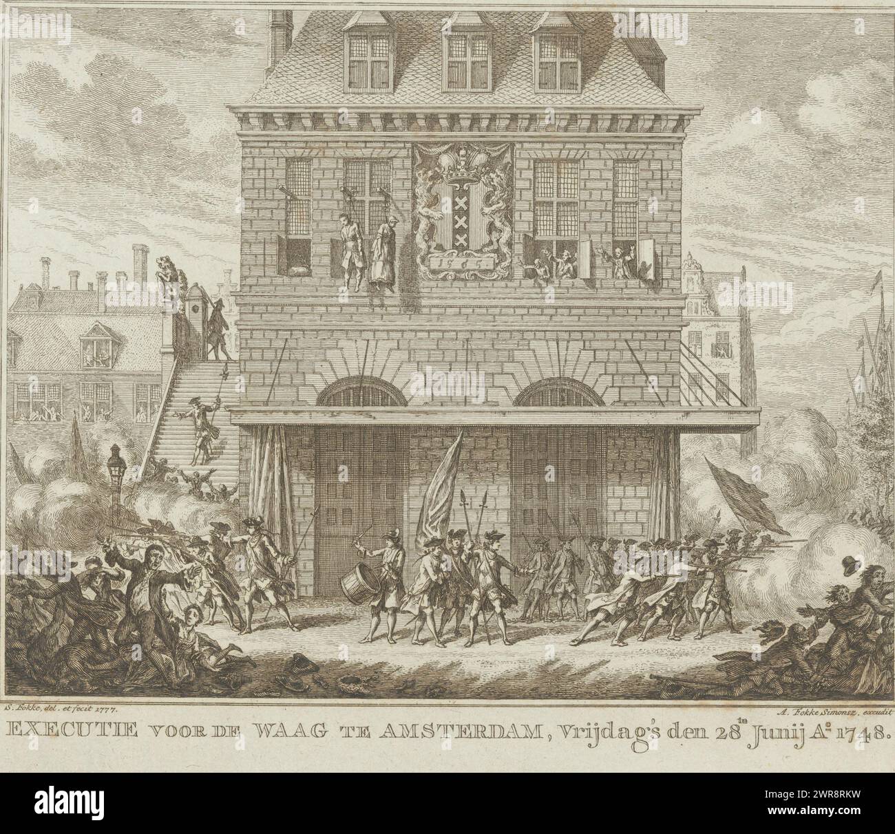 Troubles pendant la pendaison d'un homme et d'une femme au Waag à Amsterdam, 28 juin 1748, exécution devant le Waag à Amsterdam, vendredi 28 juin, Ao. 1748 (titre sur objet), troubles lors de la pendaison d'un homme et d'une femme (Piet van dort et le vendeur de citron et de plie séchée Mat van den Nieuwendijk), deux participants à l'émeute du Pachter, au Waag à Amsterdam, le 28 juin 1748. La milice ouvre le feu sur les spectateurs., imprimeur : Simon Fokke, après sa propre conception par : Simon Fokke, éditeur : Arend Fokke Simonsz., Amsterdam, 1777, papier, gravure, gravure Banque D'Images