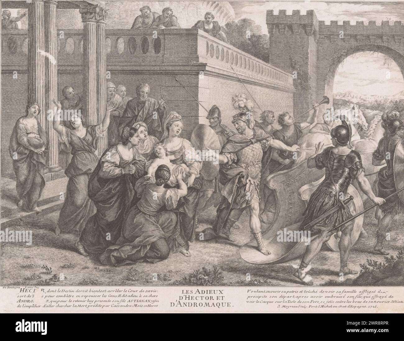 Hector dit adieu à Andromache, les adieux d'Hector et d'Andromaque (titre sur objet), imprimeur : Jean Moyreau, après peinture de : bon Boullogne, Homerus, 1726, papier, gravure, gravure, hauteur 291 mm × largeur 384 mm, impression Banque D'Images