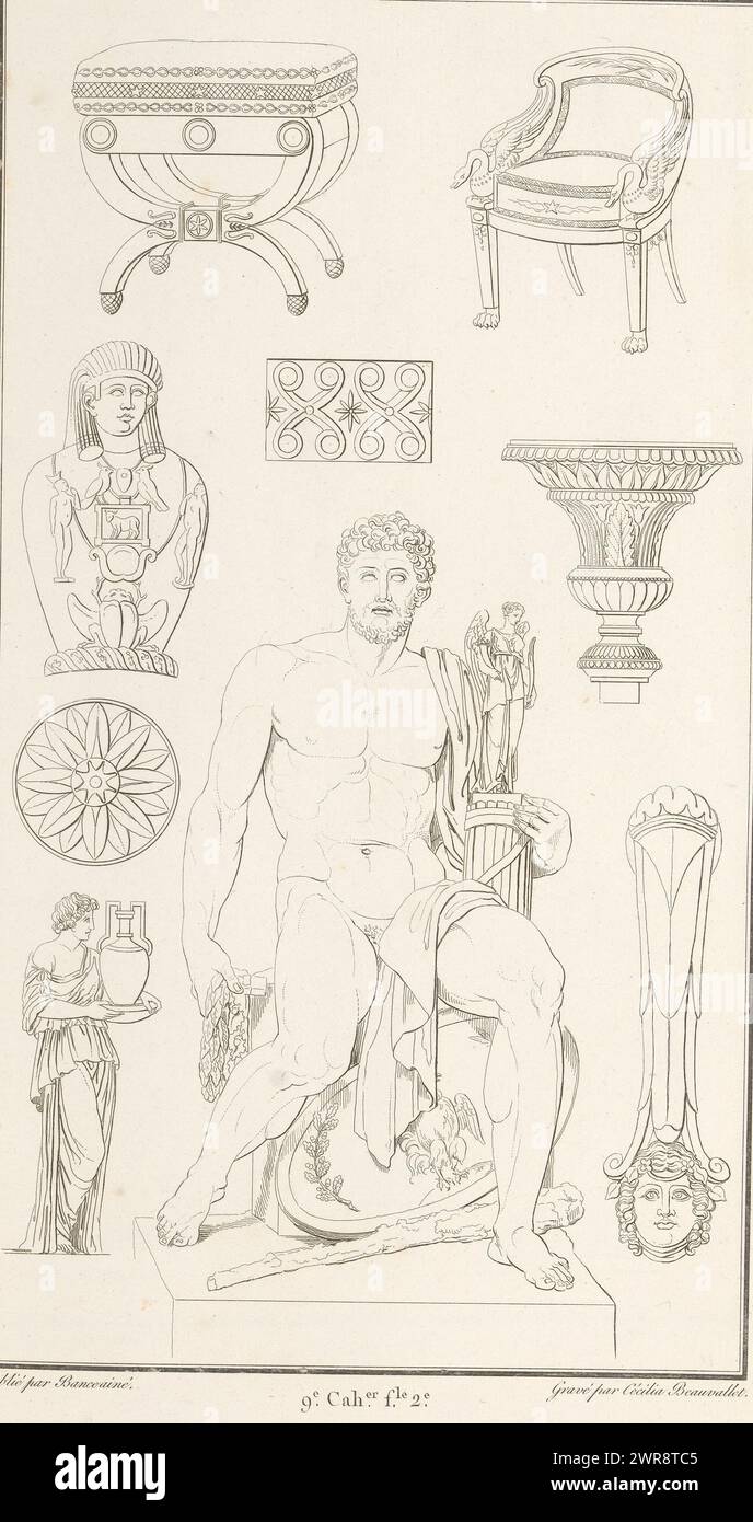 Divers ornements, impression d'ornement avec divers objets, un Hercule assis au centre. Pièce (9e. CAH. f.le 2) de l'album d'estampes avec deux séries d'un total de 138 estampes ornementales de Beauvallet et Normand, 'Fragmens d'Ornemens dans le style Antique'., imprimeur : Cécile Beauvallet, éditeur : Jacques-Louis Bance, Paris, 1820, papier, gravure Banque D'Images