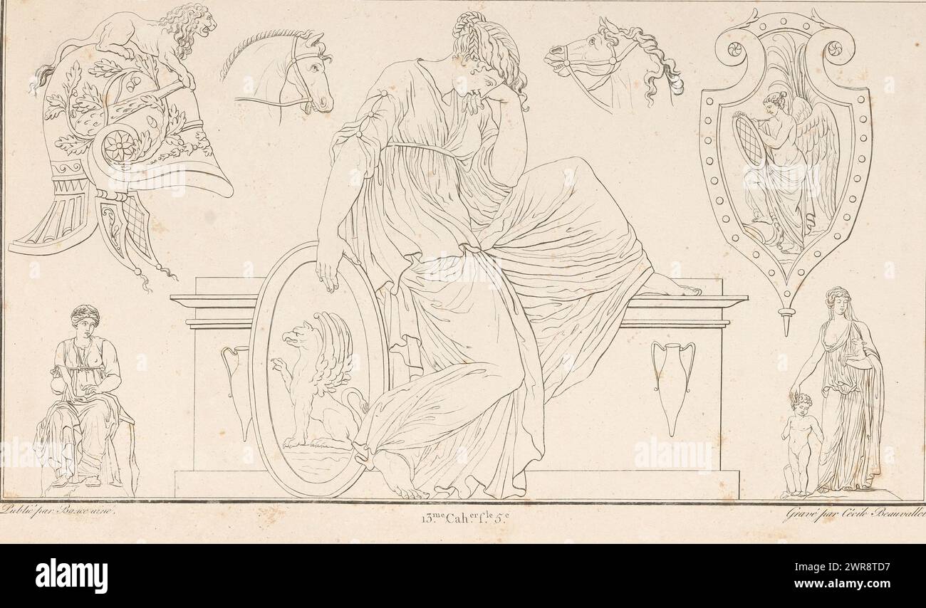 Femme assise, imprimé ornement avec une femme assise centrale avec sa jambe levée et sa tête reposant sur sa main. Pièce (13 ex. CAH. f.le 5) de l'album d'estampes avec deux séries d'un total de 138 estampes ornementales de Beauvallet et Normand, 'Fragmens d'Ornemens dans le style Antique'., imprimeur : Cécile Beauvallet, éditeur : Jacques-Louis Bance, Paris, 1820, papier, gravure Banque D'Images