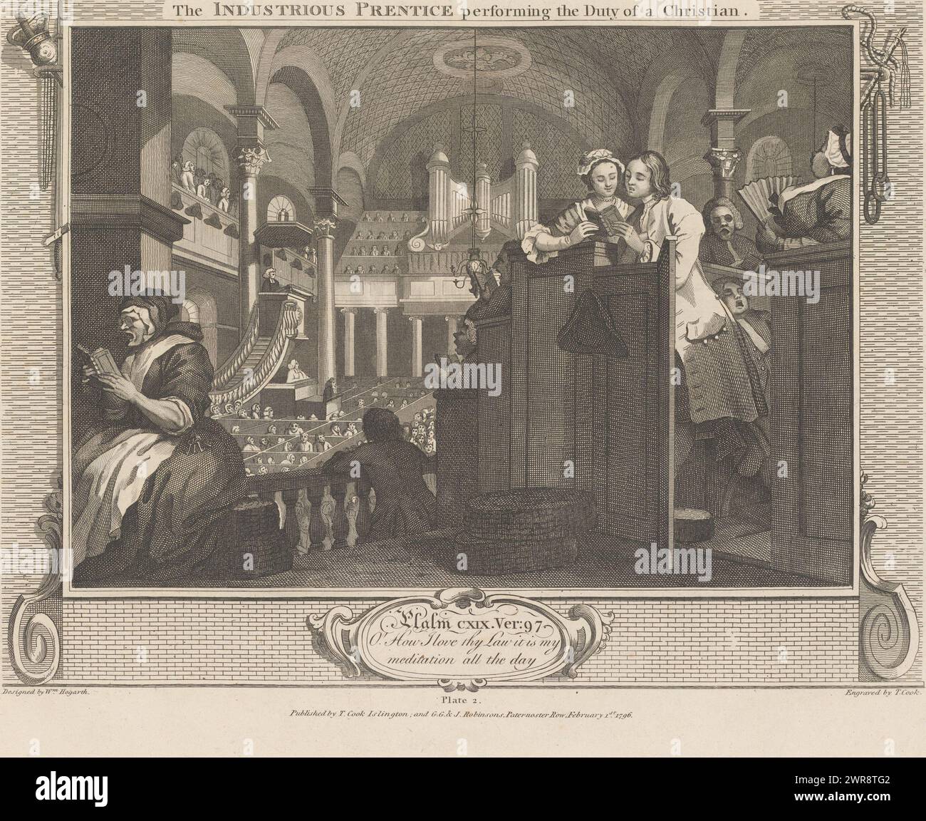 Le disciple diligent accomplit son devoir chrétien (planche 2), le Prentice industrieux accomplissant le devoir d'un chrétien (titre sur l'objet), industrie et farniente (titre de la série originale), le disciple diligent Goodchild assiste au service de l'église à un Martin-in- the-Fields, avec la fille de son maître. Au-dessous de la scène se trouve un cartouche avec un texte de Psaumes. Partie d'une série de douze planches sur l'ascension et la chute de deux étudiants Francis Goodchild et Thomas Idle, d'après les planches originales de William Hogarth de 1747., imprimeur : Thomas Cook, d'après la conception de : William Hogarth Banque D'Images