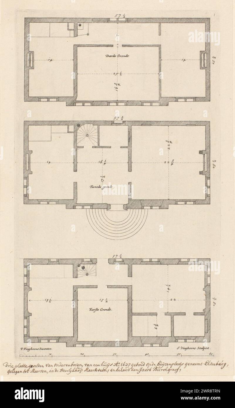 Plan d'étage de la maison de campagne Elsenburg à Maarsseveen, principaux dessins de Philips Vinckboons (titre de la série), images des bâtiments principaux de tout ce que Philips Vingboons a ordonné (titre de la série), plan d'étage de trois étages du domaine Elsenburg à Maarsseveen, construit en 1637. En haut à droite numéroté : 1., imprimeur : Johannes Vinckboons, après conception par : Philips Vinckboons (II), Amsterdam, 1648, papier, gravure, hauteur 316 mm × largeur 185 mm, impression Banque D'Images