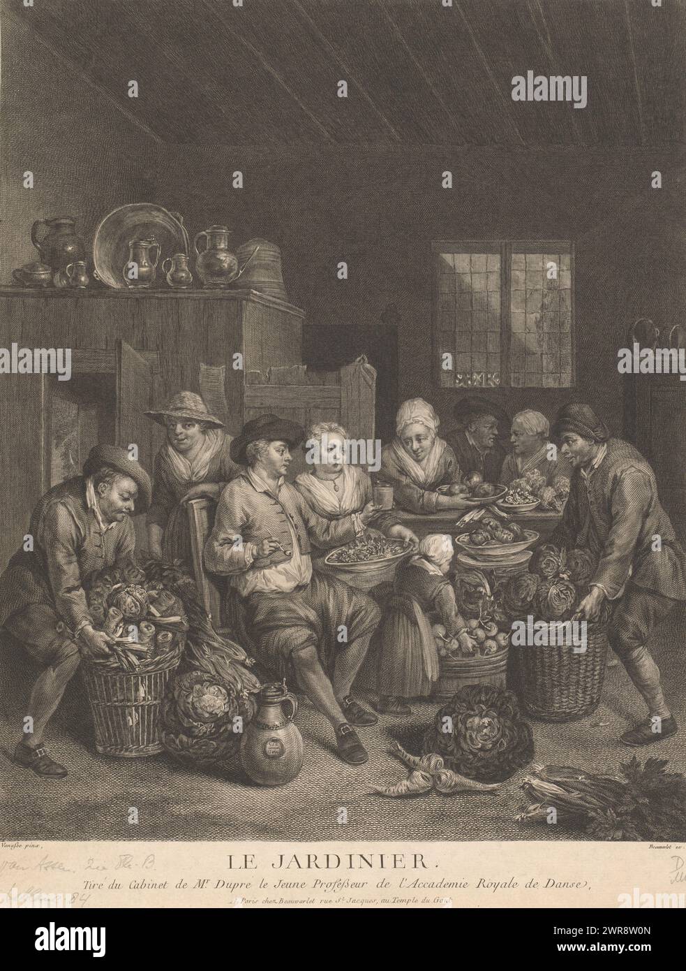 Intérieur avec figurines assises et paniers à légumes, le jardinier (titre sur objet), imprimeur : Jacques Beauvarlet, après peinture par : Jan van Assen, éditeur : Jacques Beauvarlet, imprimeur : France, éditeur : Paris, 1756, papier, gravure, gravure, hauteur 480 mm × largeur 372 mm, impression Banque D'Images