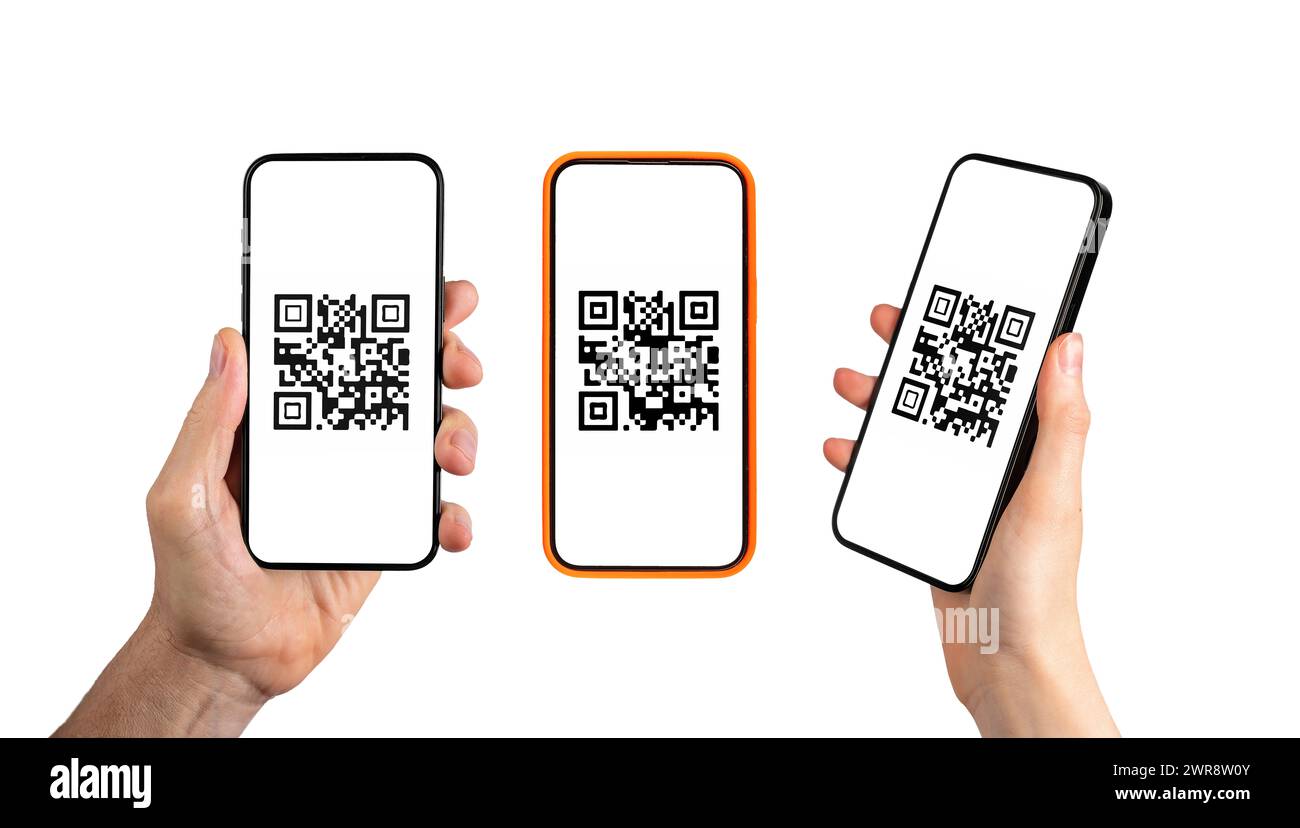 Scanner de code QR, application de téléphone portable pour le paiement électronique avec qrcode, isolé sur fond blanc. Banque D'Images