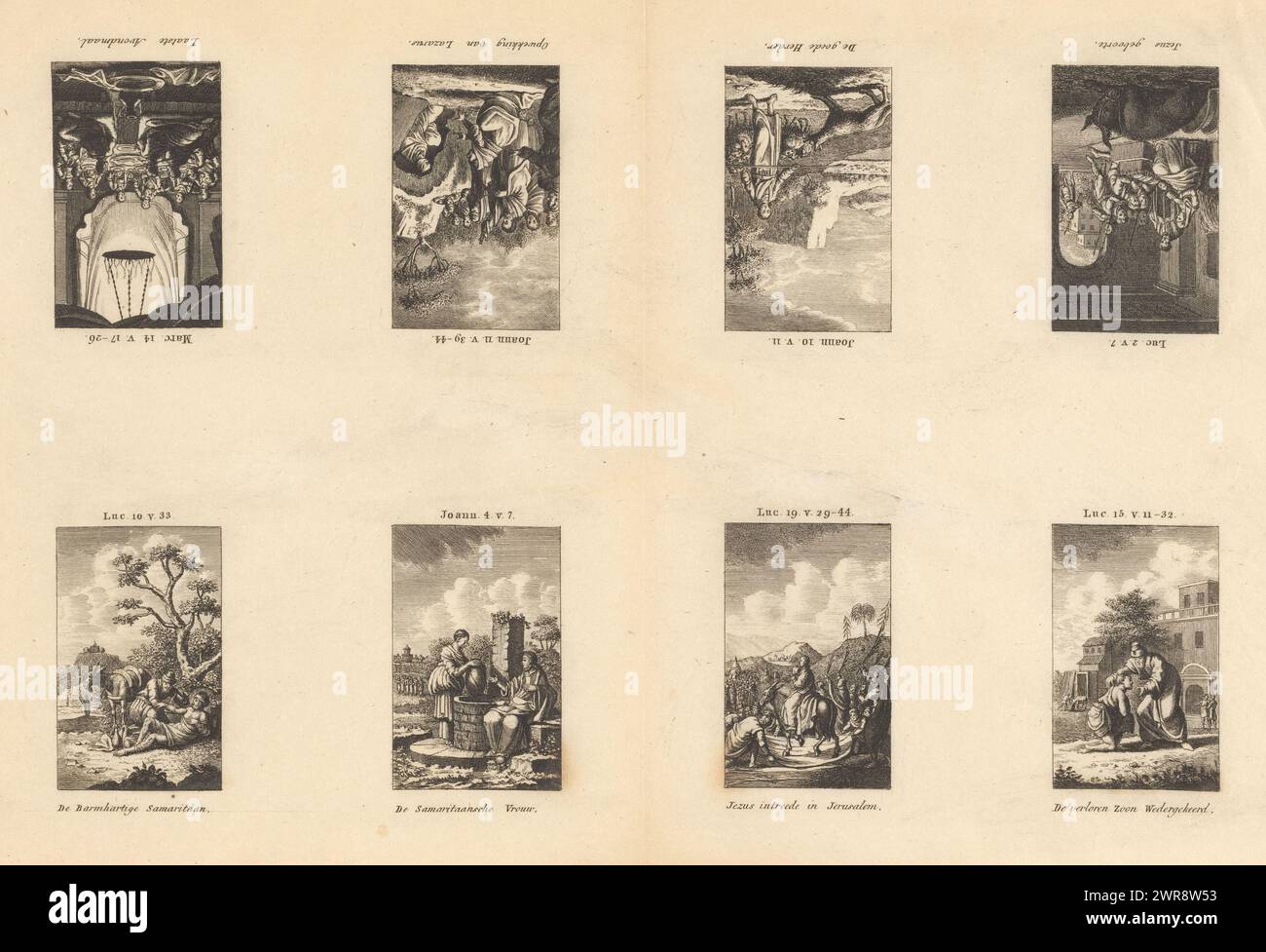 Huit scènes bibliques des Évangiles selon Luc, Jean et Marc, la naissance de Jésus / le bon Pasteur / la résurgence de Lazare / la dernière Cène / le bon Samaritain / la Samaritaine / L'entrée de Jésus à Jérusalem / le fils prodigue retourné (titre sur l'objet), imprimeur: anonyme, Nord des pays-Bas, 1741 - 1799, papier, gravure, hauteur 253 mm, largeur 368 mm, impression Banque D'Images