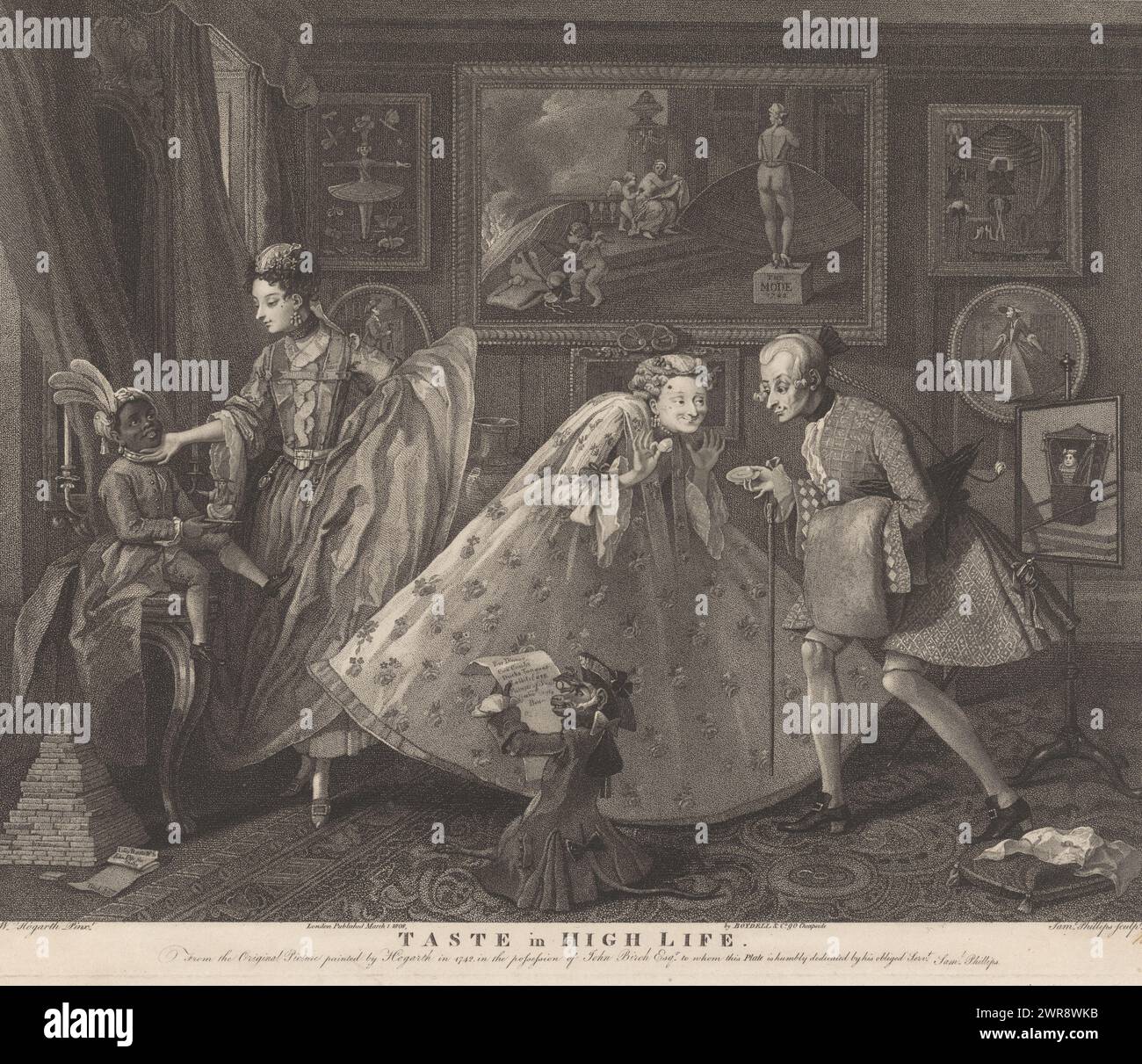Taste in High Life (titre sur objet), Interior with Elegant Company, tea drink, a reading Monkey and a black boy as a servant., imprimeur : Samuel Philip Lowe Phillips, après peinture par : William Hogarth, éditeur : Boydell & Co., imprimeur : Londres, après peinture par : Royaume-Uni, éditeur: Londres, 1798 et/ou 1er mars 1808, papier, hauteur 386 mm × largeur 463 mm Banque D'Images