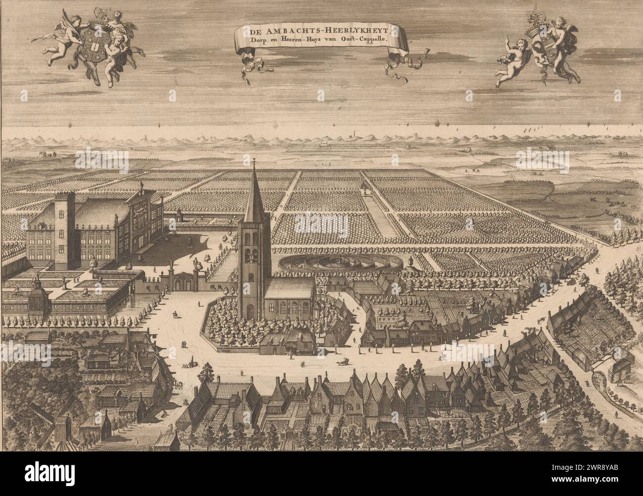 Vue d'Oostkapelle, de Ambachts-Heerlykheyt, Village et Heeren-Huys van Oost-Cappelle (titre sur l'objet), vue de l'artisanat d'Oostkapelle, vue d'un point de vue plongeant. Le village, avec l'église au milieu, est central. À gauche au milieu se trouve la maison de l'artisan. En arrière-plan les dunes et la mer. Putti en haut à gauche avec les armoiries familiales du maître artisan Willem le Sage, au milieu une banderole avec le titre et putti en haut à droite avec des armoiries inconnues (peut-être un vieux blason d'Oostkapelle). Numéroté en haut à droite : 667., imprimeur : anonyme Banque D'Images