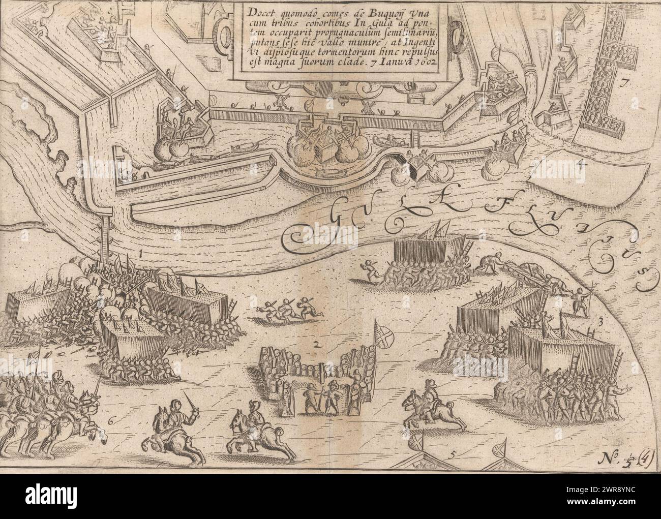 Siège d'Ostende : prise d'assaut par Bucquoy le 7 janvier 1602, Docet quomodo Comes de Buquoij una cum tribus cohortibus (...) (Titre sur l'objet), Siège d'Ostende : prise des défenses d'Ostende par les troupes espagnoles sous le comte de Bucquoy le 7 janvier 1602. En bas à gauche, combats à la lunette de l'autre côté de la rivière Geule, en haut au centre un cartouche avec une inscription en latin. Numéroté en bas à droite : 5., imprimeur : anonyme, imprimeur : Baptista van Doetechum, (éventuellement), 1602 - 1604 et/ou 1615, papier, gravure, gravure, hauteur 170 mm × largeur 241 mm Banque D'Images