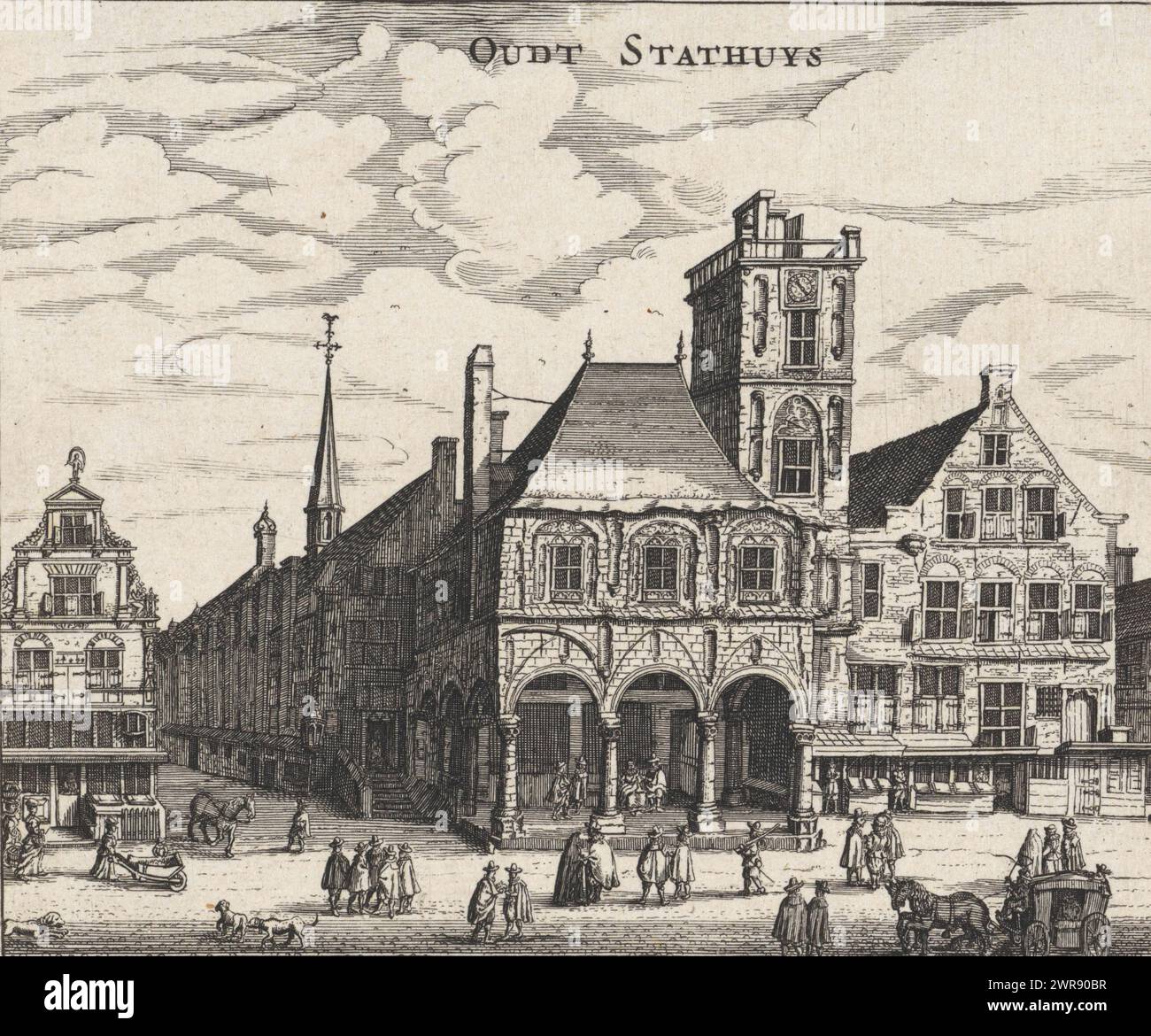 Vue de l'ancien hôtel de ville d'Amsterdam, Oudt Stathuys (titre sur l'objet), vue de l'ancien hôtel de ville d'Amsterdam sur le côté ouest de la place du Dam. A l'extrême gauche la première maison sur la Kalverstraat, à droite la Gasthuissteeg. Texte néerlandais au verso., imprimeur : Jan Veenhuysen, imprimeur : Claes Jansz. Visscher (II), (attribution rejetée), éditeur : Marcus Willemsz. Doornick, Amsterdam, 1664, papier, gravure, gravure, typographie, hauteur 112 mm × largeur 135 mm, impression Banque D'Images