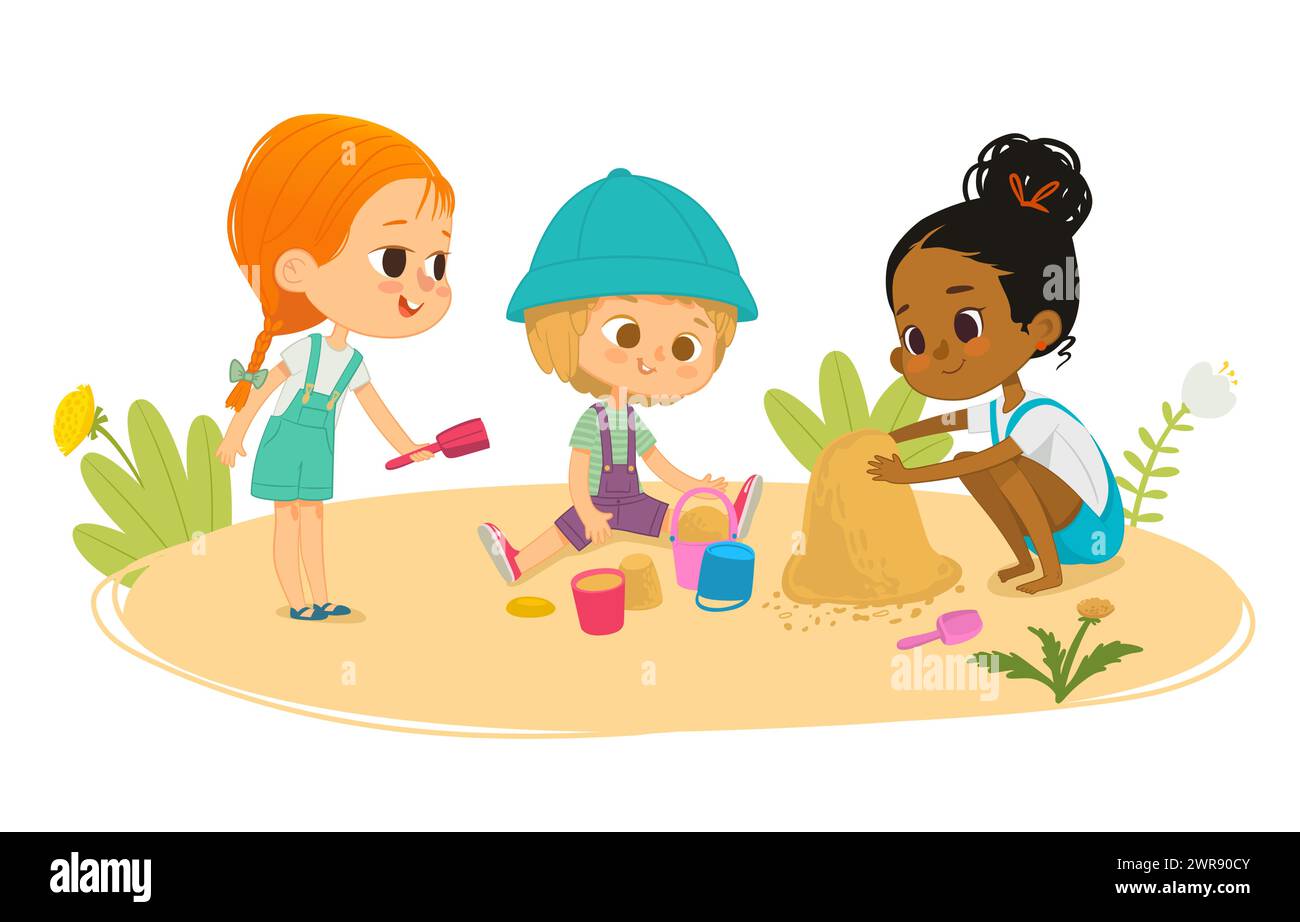 Aire de jeux avec enfants. Illustration vectorielle des enfants, garçon et fille partagent leurs jouets tout en jouant dans le bac à sable sur le terrain de jeux. Enfants sur le p Illustration de Vecteur