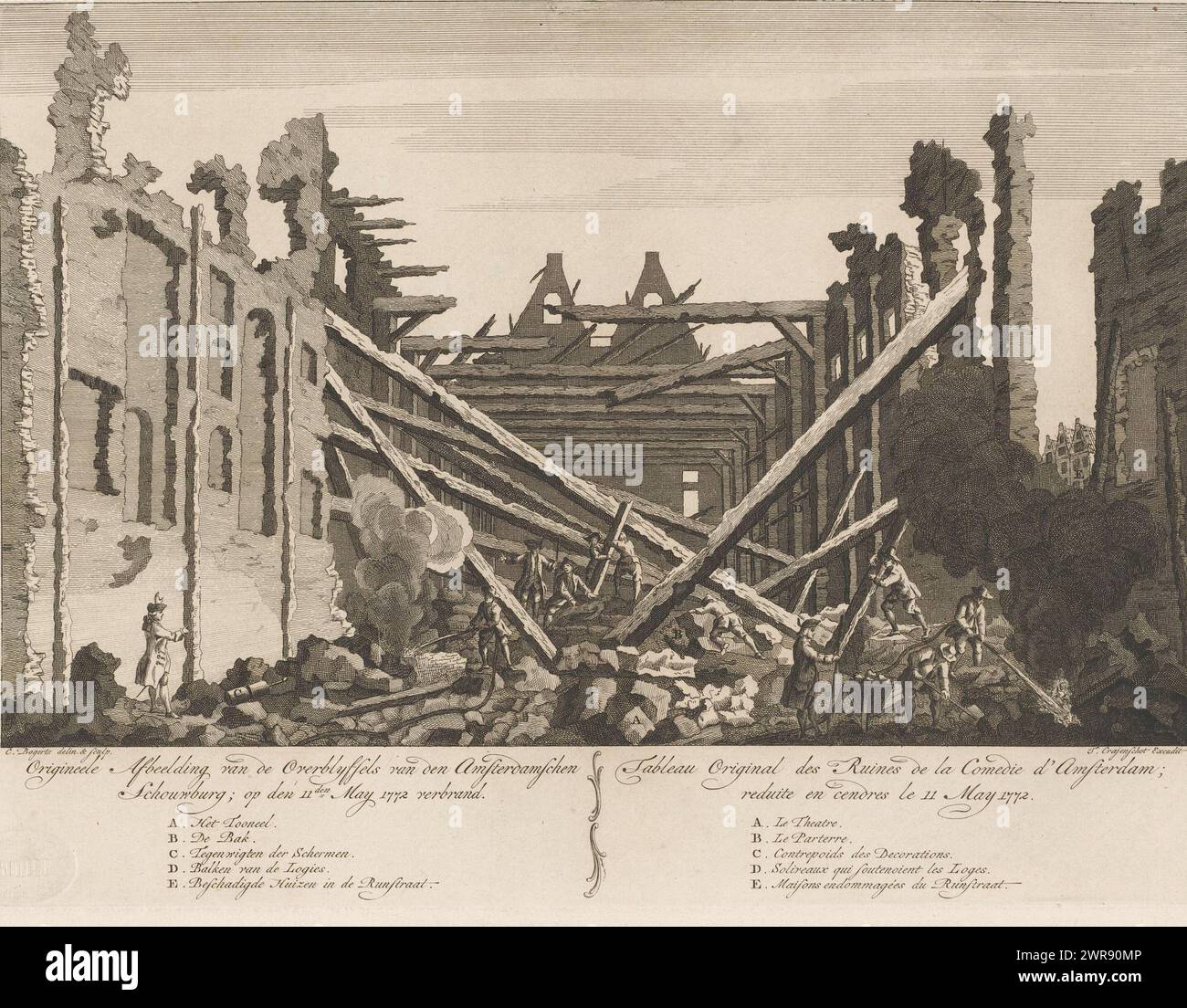 Ruine du théâtre d'Amsterdam incendié, 1772, image originale des vestiges du théâtre d'Amsterdam ; brûlée le 11 mai 1772 / Tableau original des ruines de la Comédie d'Amsterdam; reduite en cendres le 11 mai 1772 (titre sur objet), L'incendie au théâtre d'Amsterdam, 1772 (titre de la série), vue des ruines du théâtre d'Amsterdam sur le Keizersgracht après l'incendie du 11 mai 1772. Les pompiers éteignent le feu avec des pulvérisations d'eau les derniers feux, d'autres nettoient les gravats. Sous la performance le titre et la légende A-E en néerlandais (à gauche) et en français (à droite) Banque D'Images