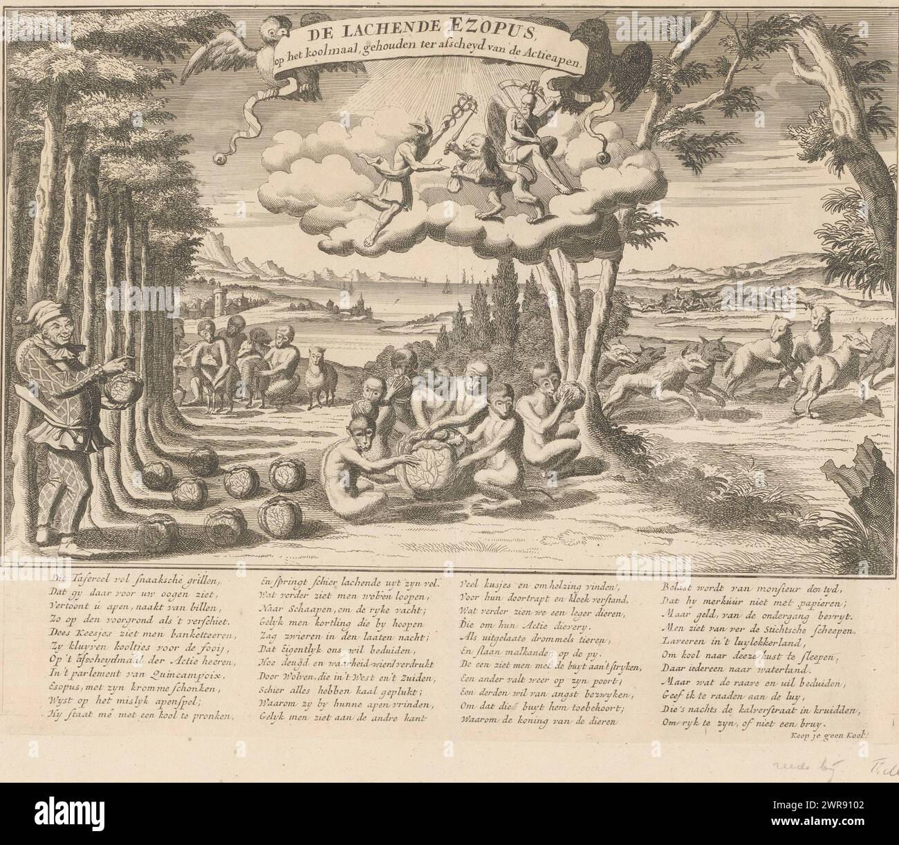 L'Ésope riant au repas de charbon à l'adieu des singes d'action, 1720, l'Ézope riant, au repas de charbon, tenu pour adieu les singes d'action (titre sur l'objet), la Grande scène de folie (titre de la série), à gauche est l'Ésope riant, Bombario dans un costume d'arlequin, avec un groupe de singes mangeant du chou (les victimes du commerce du vent). Sur la droite, les loups chassent les moutons. Dans les nuages Mercure, Néerlandais Leo et Père temps. Dans la légende un verset en quatre colonnes. Imprimer 48 dans la série Het Groote Tafereel der Foolheid avec des dessins animés sur le Windhandel ou Actiehandel de 1720 Banque D'Images