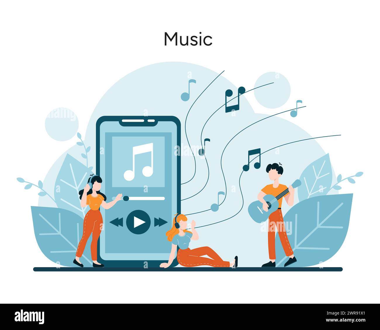 Concept musical. Des individus perdus au rythme des mélodies, en utilisant la technologie pour accéder aux mélodies, mettant en valeur la joie de l'expression musicale. Un mélange harmonieux de son et d'âme. Illustration vectorielle Illustration de Vecteur