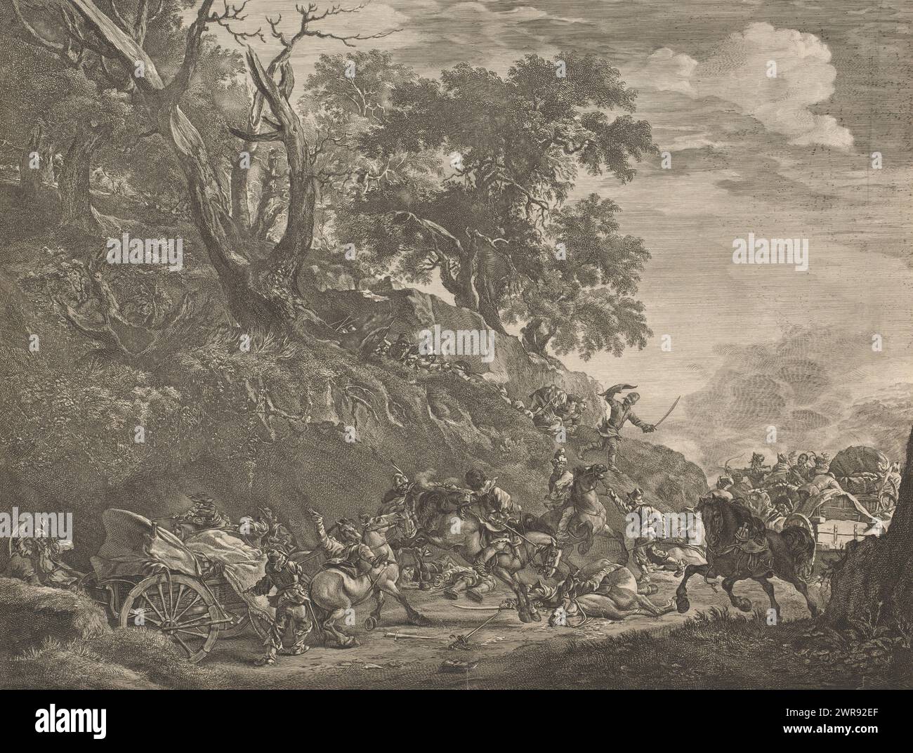 Vol sur un convoi, Caelaturae (titre de la série), au moins deux voitures sont volées par des bandits. De derrière un remblai naturel, les chariots et les cavaliers sont abattus et les voleurs se précipitent vers leurs victimes, qui tentent de riposter. Un cheval et deux hommes sont tombés et sont couchés sur le sol. Il y a une bataille en cours de tous côtés., imprimeur : Cornelis Visscher (II), après peinture par : Pieter Bodding van Laer, Haarlem, 1646 - 1658, papier, gravure, hauteur 382 mm, largeur 487 mm, impression Banque D'Images