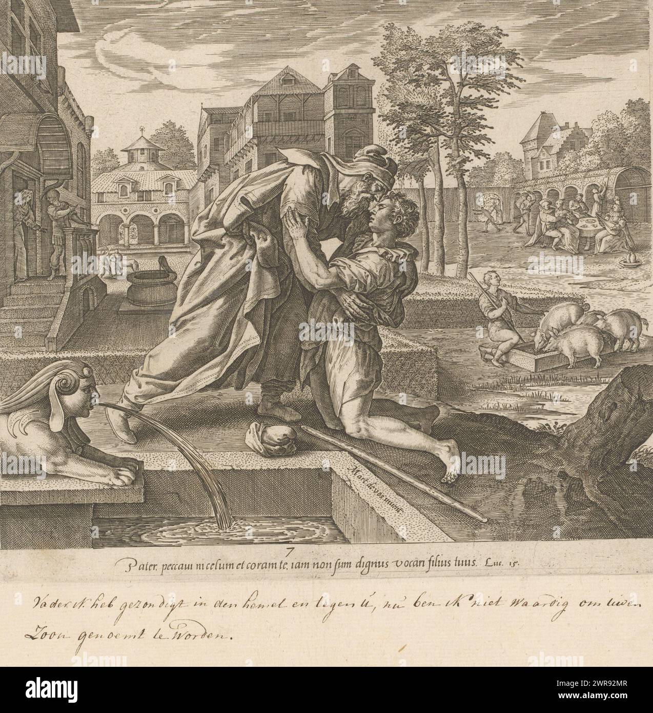 Retour du fils prodigue, pénitence et contrition dans l'ancien Testament et le Nouveau Testament (titre de la série), Typus Divinae indulgentiae atqz misericordiae, erga eos quibus ex toto corde transgressionum poeni tet et ad dnm deum se convertunt (titre de la série), l'histoire du fils prodigue. Centralement, le fils prodigue, revenant de son voyage, est pardonné par son vieux père. L'estampe a une légende latine et fait partie d'une série sur la pénitence et la repentance dans l'ancien et le Nouveau Testament. Sous le texte latin se trouve un texte manuscrit néerlandais., imprimeur : Philips Galle Banque D'Images