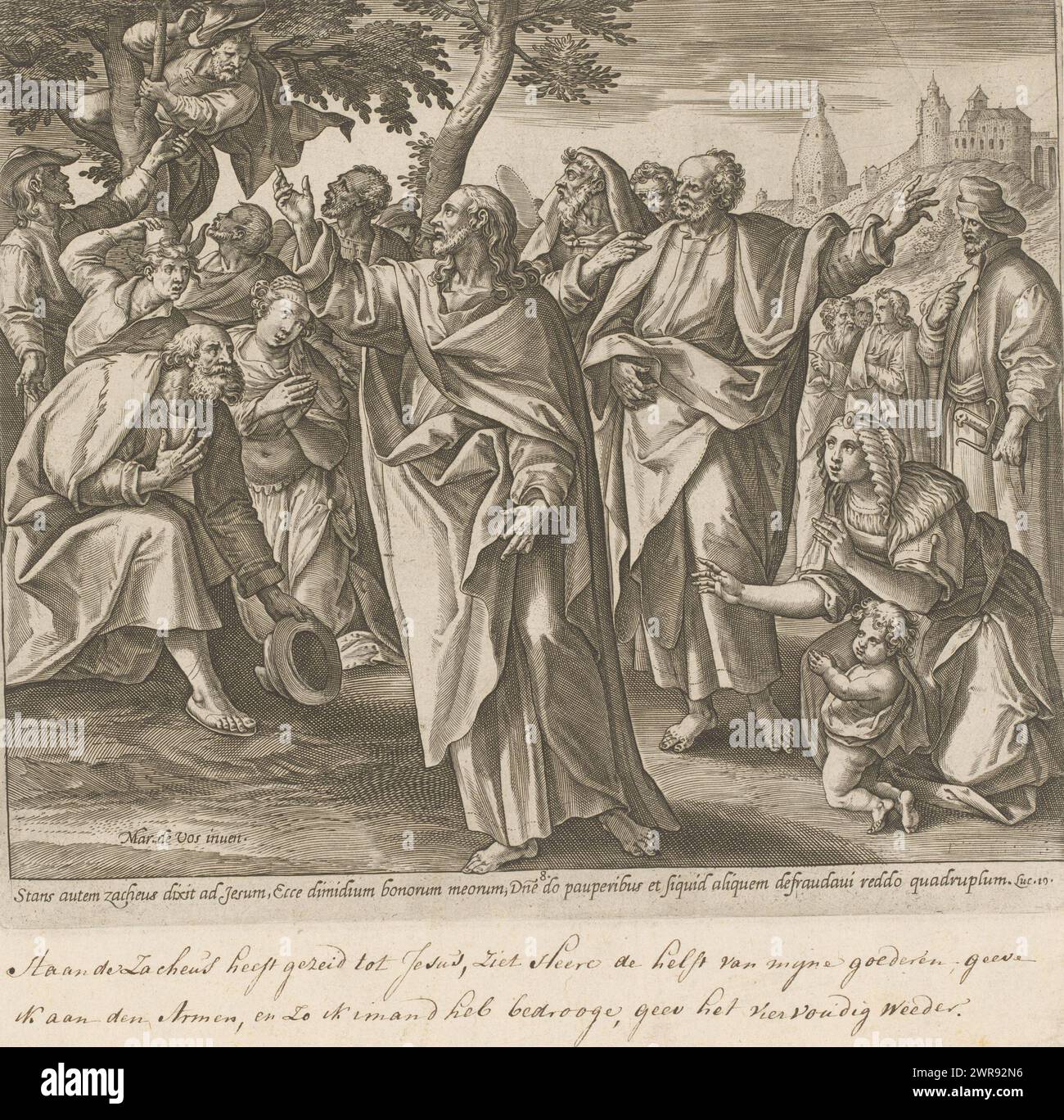 Appel de Zaccheus, pénitence et repentance dans l'ancien Testament et le Nouveau Testament (titre de la série), le publicain Zacchée rampa dans un arbre pour voir Christ à son entrée dans Jéricho. Christ appelle Zacchaeus et pardonne ses péchés après qu'il s'est repenti. L'impression a une légende latine et (manuscrite) néerlandaise., imprimeur : Philips Galle, (attribué à l'atelier de), après conception par : Maerten de vos, Anvers, 1547 - 1612, papier, gravure, hauteur 199 mm × largeur 226 mm, impression Banque D'Images