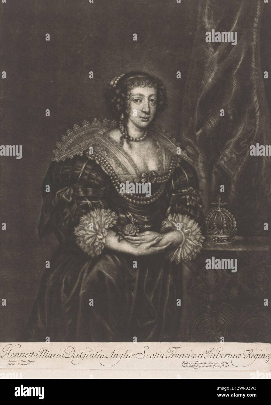 Portrait d'Henrietta Maria de France, Henrietta Maria Dei Gratia Angliae Scotiae Franciae et Hiberniae Regina &c (titre sur objet), imprimeur : Alexander Browne, après peinture par : Anthony van Dyck, éditeur : Alexander Browne, 1681 - 1683, papier, hauteur 337 mm × largeur 250 mm, tirage Banque D'Images