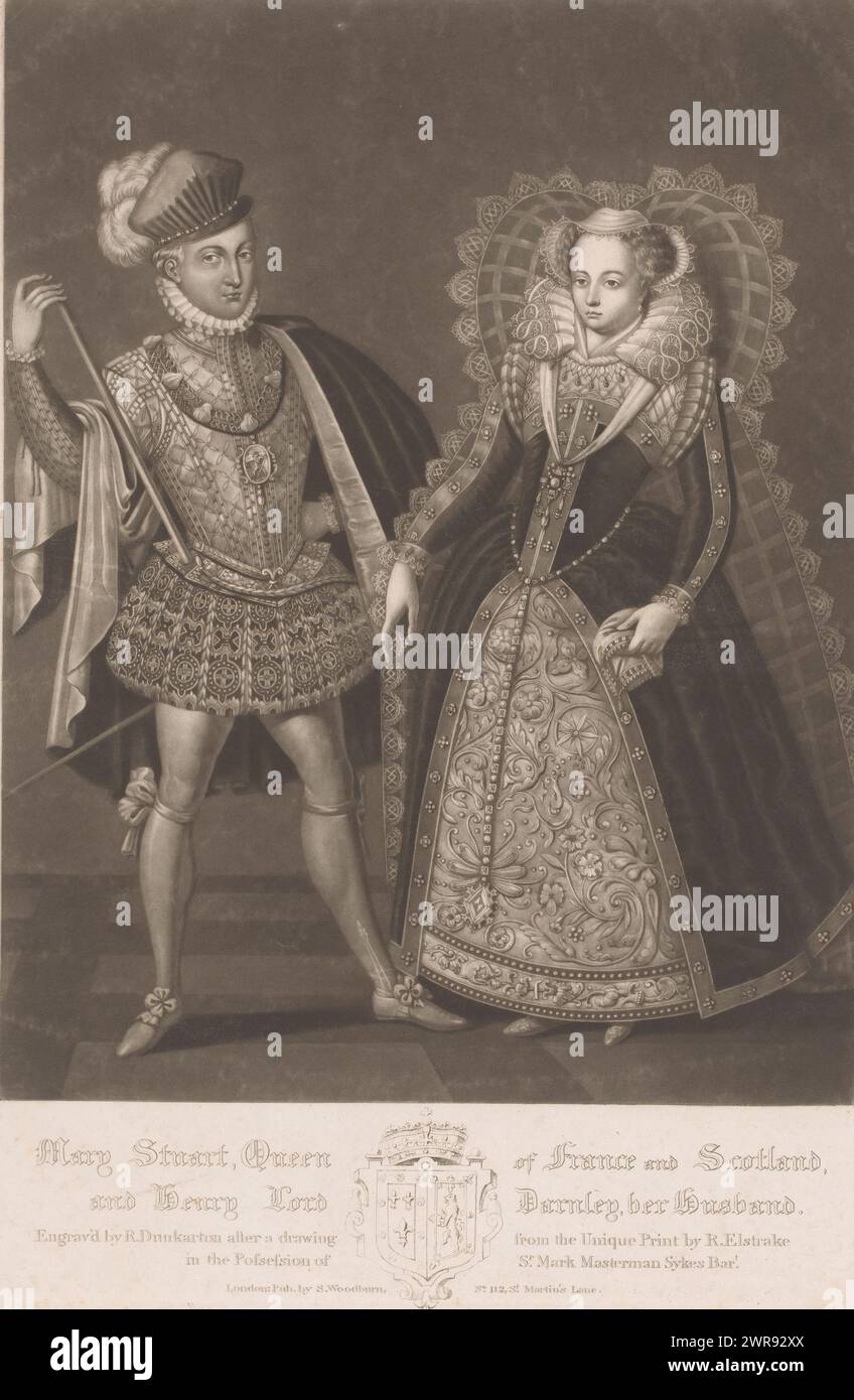 Portrait de Mary II Stuart et Henry Damley, Mary Stuart, reine de France et d'Écosse, et / Henry Lord Darnley, son mari (titre sur objet), quinze portraits de personnages royaux (titre de la série), quinze portraits de personnages royaux (titre de la série), texte en anglais dans la marge inférieure., imprimeur: Robert John Dunkarton, après dessin par : anonyme, après impression par : Renold Elstrack, 1816, papier, gravure, hauteur 371 mm × largeur 262 mm, impression Banque D'Images