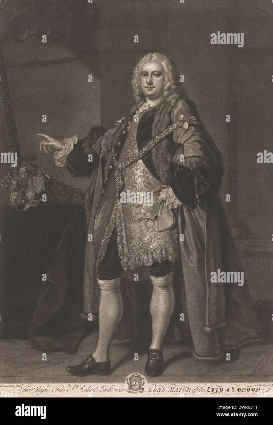 Portrait de Robert Ladbroke, imprimeur : John Faber (II), après peinture par : Thomas Hudson, 1750, papier, gravure, hauteur 506 mm × largeur 349 mm, tirage Banque D'Images