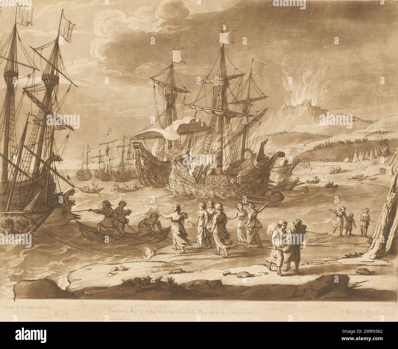 Vue côtière avec des femmes troyennes incendiant des navires, gravures d'après des dessins de Claude Lorrain (titre de la série), Liber Veritatis. Ou une collection de deux cents estampes, d’après les dessins originaux de Claude le Lorrain (...) (Titre de la série), imprimeur : Richard Earlom, après dessin par : Claude Lorrain, éditeur : John Boydell, Londres, 1-Nov-1774, papier, gravure, hauteur 207 mm × largeur 256 mm, impression Banque D'Images