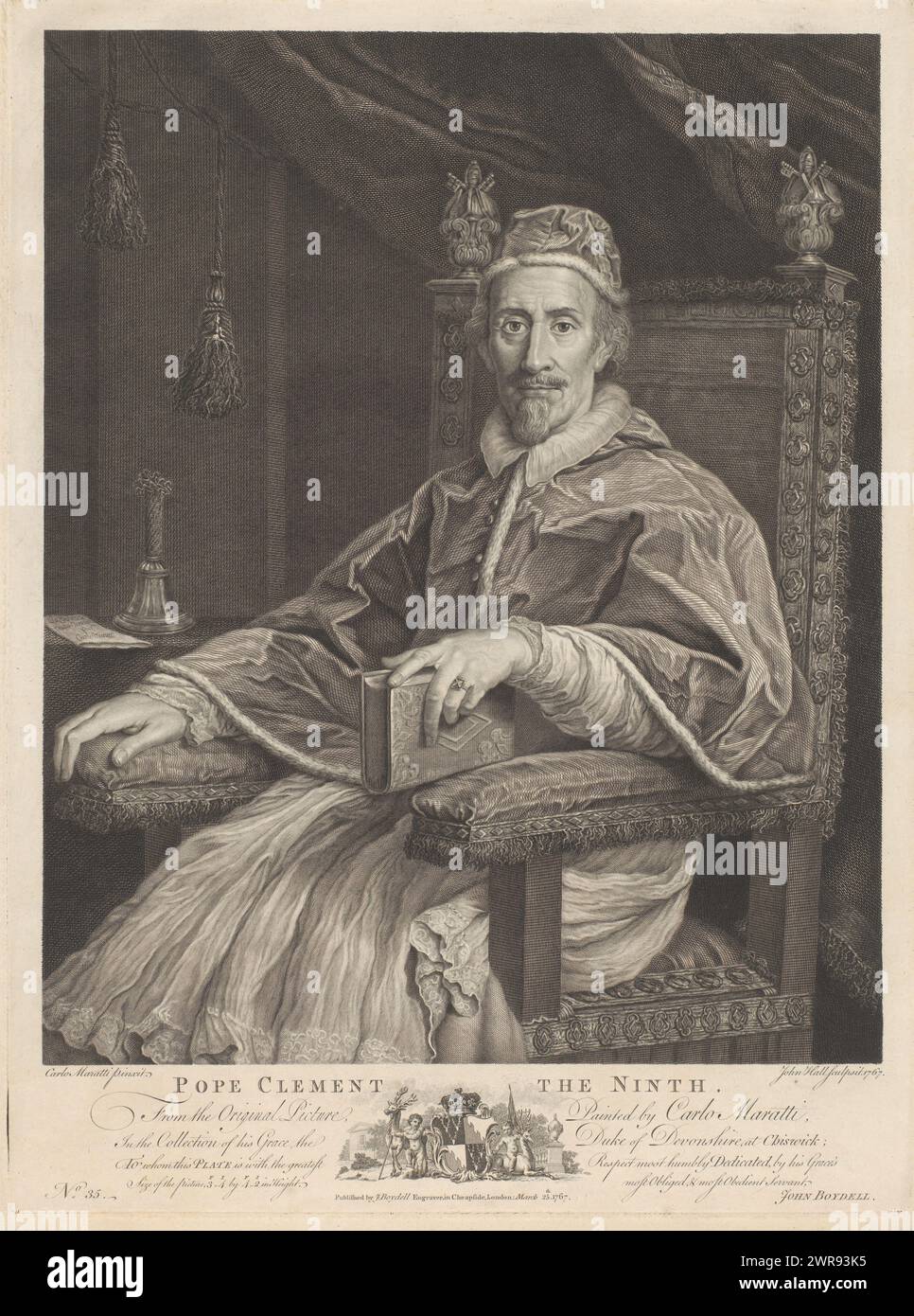 Portrait du pape Clément IX, pape Clément le neuvième (titre sur l'objet), les peintures les plus importantes d'Angleterre (titre de la série), les peintures les plus capitales d'Angleterre (titre de la série), imprimeur : John Hall, après peinture de : Carlo Maratta, éditeur : John Boydell, Londres, 1767, papier, gravure, hauteur 511 mm × largeur 381 mm, impression Banque D'Images