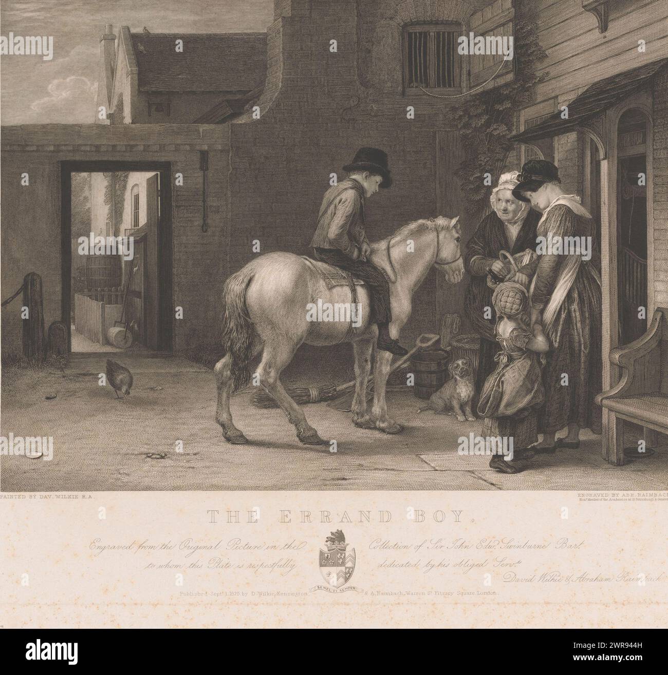 Garçon errand à cheval devant une maison avec deux femmes et un enfant, le garçon errand (titre sur objet), imprimeur : Abraham Raimbach, d'après la peinture de : David Wilkie, éditeur : David Wilkie, Londres, 1823 et/ou sept-1825, papier, gravure, gravure, hauteur 391 mm × largeur 457 mm, impression Banque D'Images