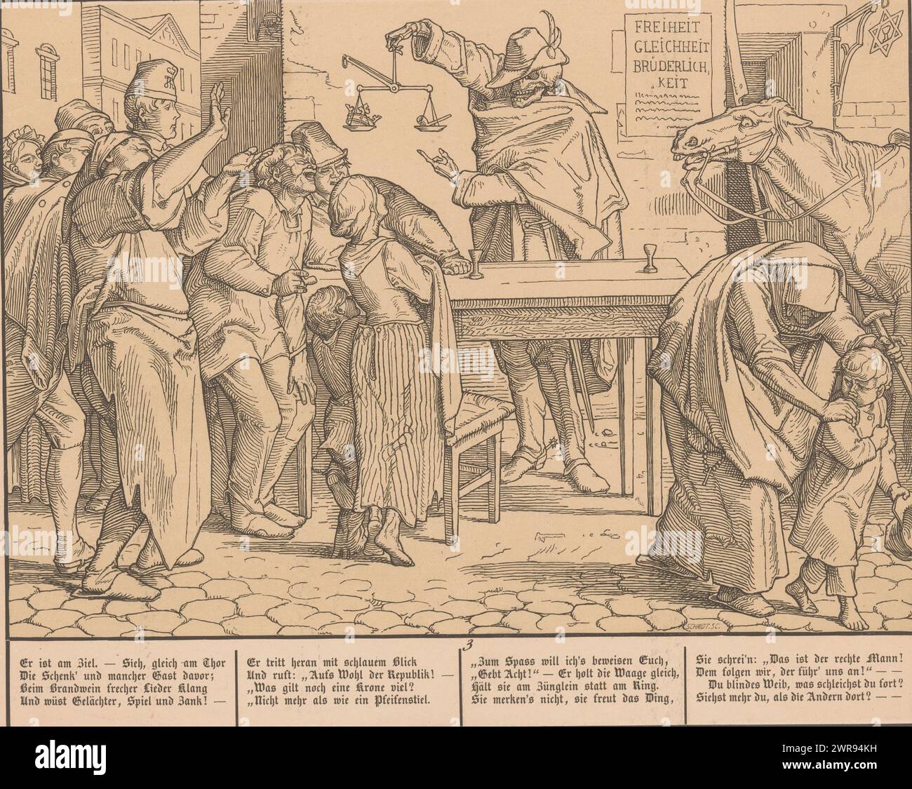 Death with a Scale, Der Tod vor der Schenke, New Dance of Death (titre de la série), Allegory on the Revolution in the German Land of 1848 : 'Ein Totentanz aus dem Jahre 1848', Volksschrift van Augustus., imprimeur : Oskar Friedrich Schmidt, après dessin par : Alfred Rethel, imprimeur: Friedrich Arnold Brockhaus (I), 1848 - 1849, papier, hauteur 224 mm × largeur 318 mm, impression Banque D'Images