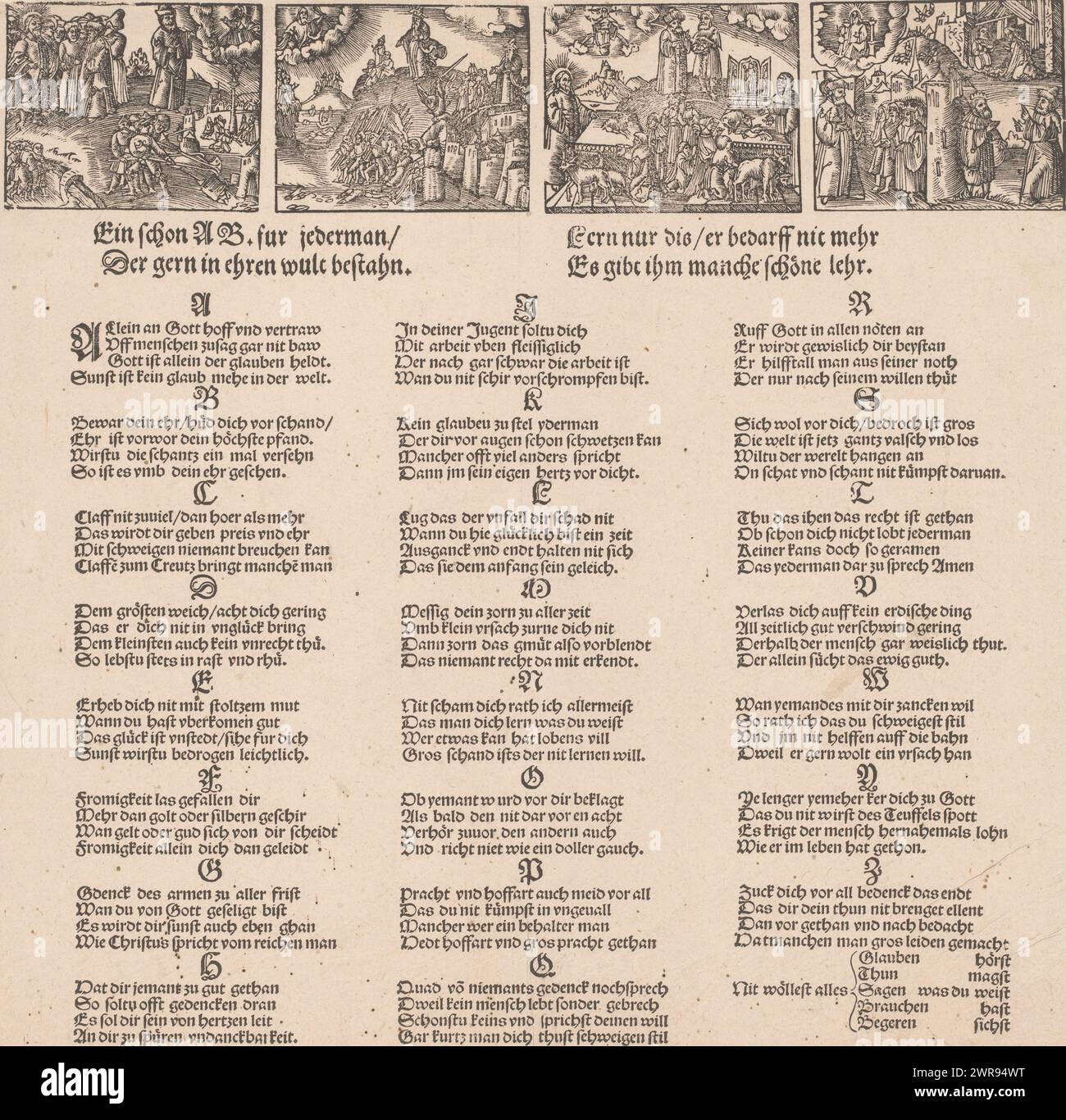Alphabet avec quatre allégories religieuses, Ein schon ab fur Jederman/ Der gern in ehren wult bestahn (titre sur objet), brochure avec recommandations pour un mode de vie chrétien., imprimeur : anonyme, après conception par : anonyme, 1500 - 1599, papier, hauteur 300 mm × largeur 310 mm, impression Banque D'Images